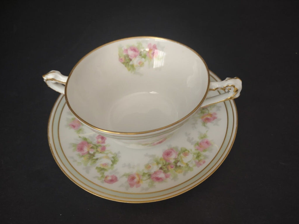 Old Abbey Limoges France 2 x Bouillion Cup Mint band Gold Trim Rose (lot 547)