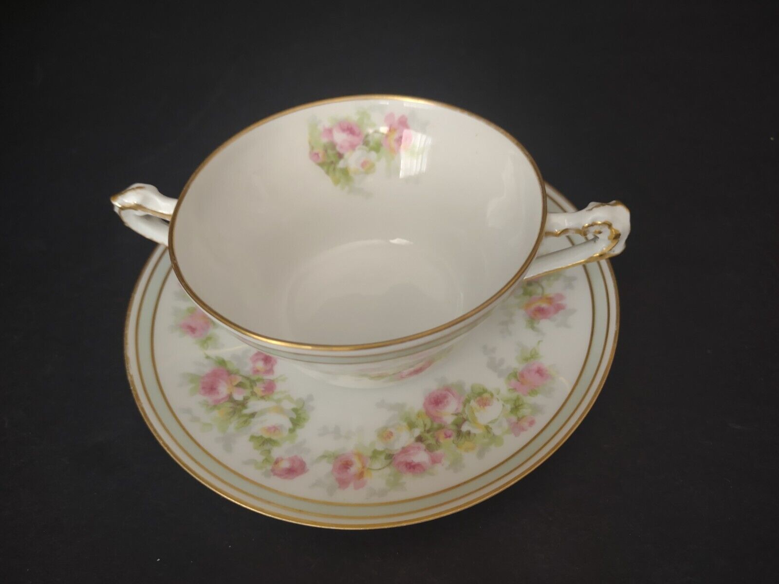 Old Abbey Limoges France 2 x Bouillion Cup Mint band Gold Trim Rose (lot 547)