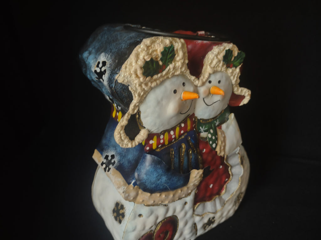 Christmas Holiday Candle Light Holder Snowman Hugging Metal 11" (lot 1714)
