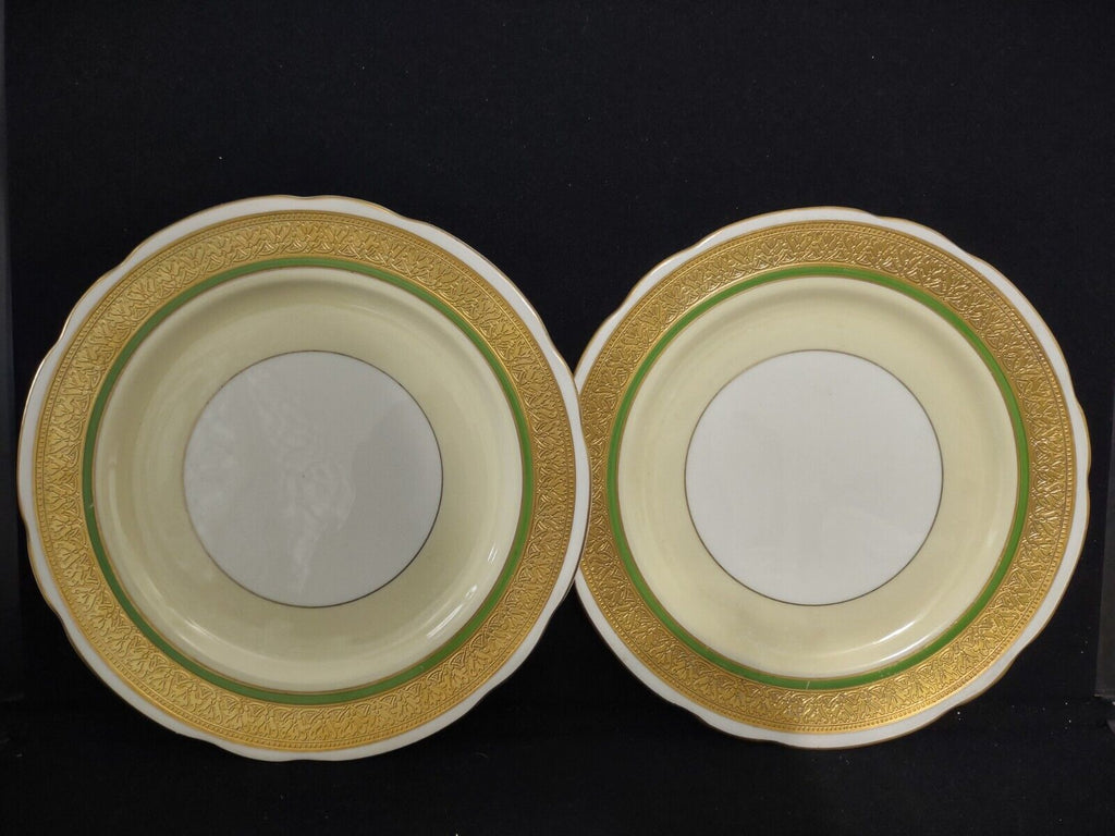 Set 2 Heavy Gold Trim Coronet Dinner Plate Bone China Green Cream (Lot 316)