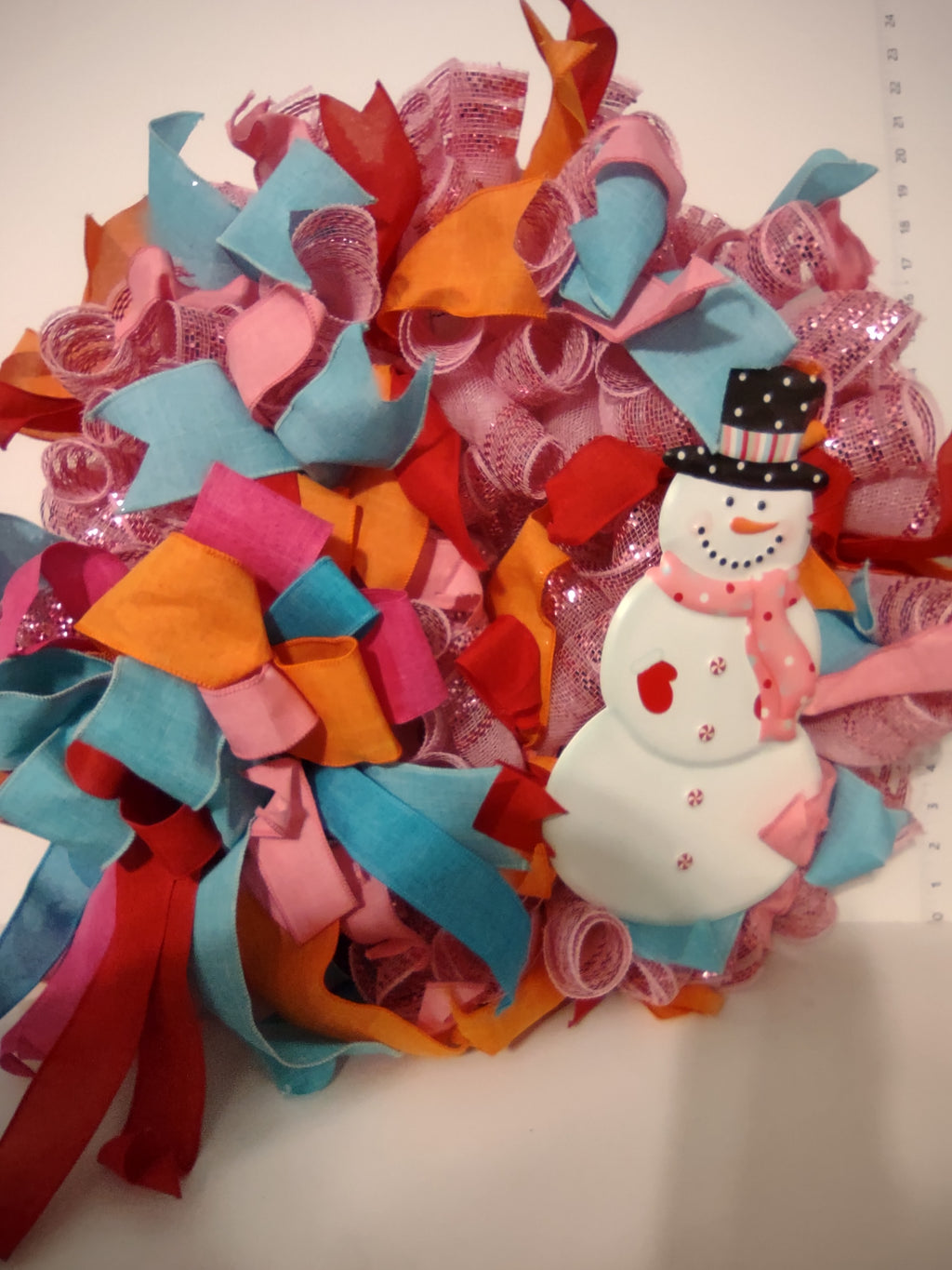 Handmade Christmas Wreath 24" Pink Orange Blue Ribbon Sparkly Snowman (lot 1291)