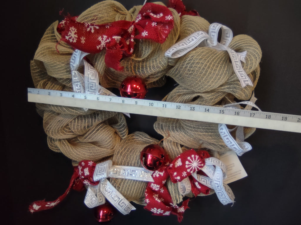 Christmas Mesh Wreath with Bells and Bows Primitive Rustic Cottage (lot 2726c)