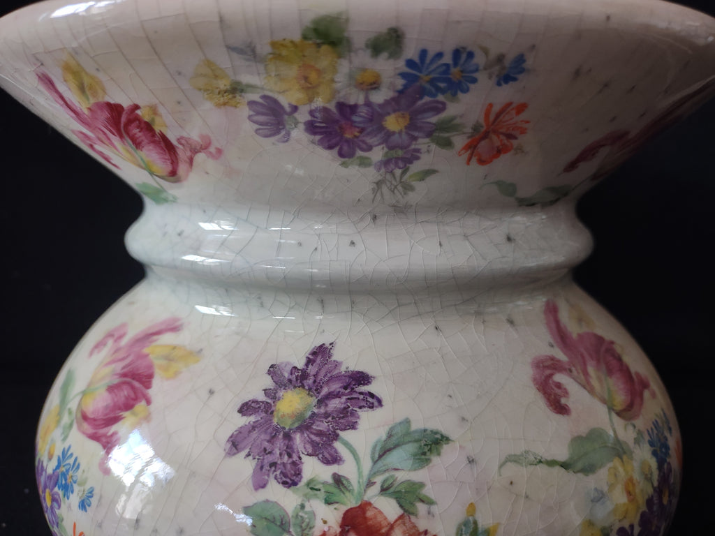 Vintage Floral Round Vase Heavy Crazing Aged Cottage (lot 5522)