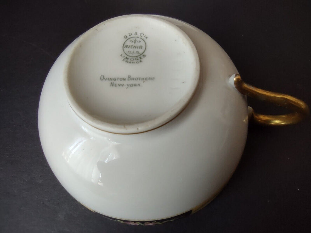 Avenir Limoges Ovington Bros Teacup & Saucer Yellow Black Trim Bow Rose lot 730