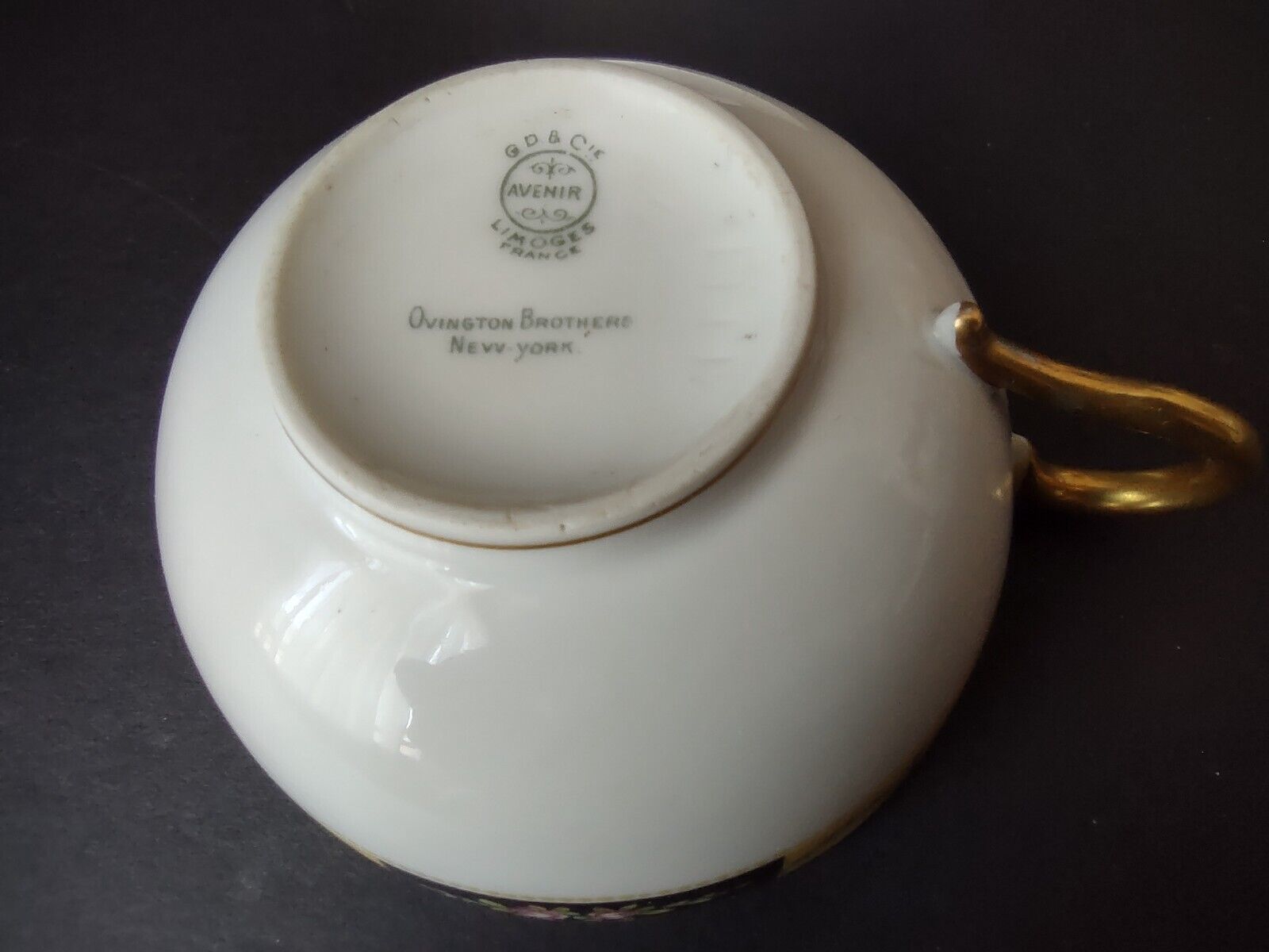 Avenir Limoges Ovington Bros Teacup & Saucer Yellow Black Trim Bow Rose lot 730