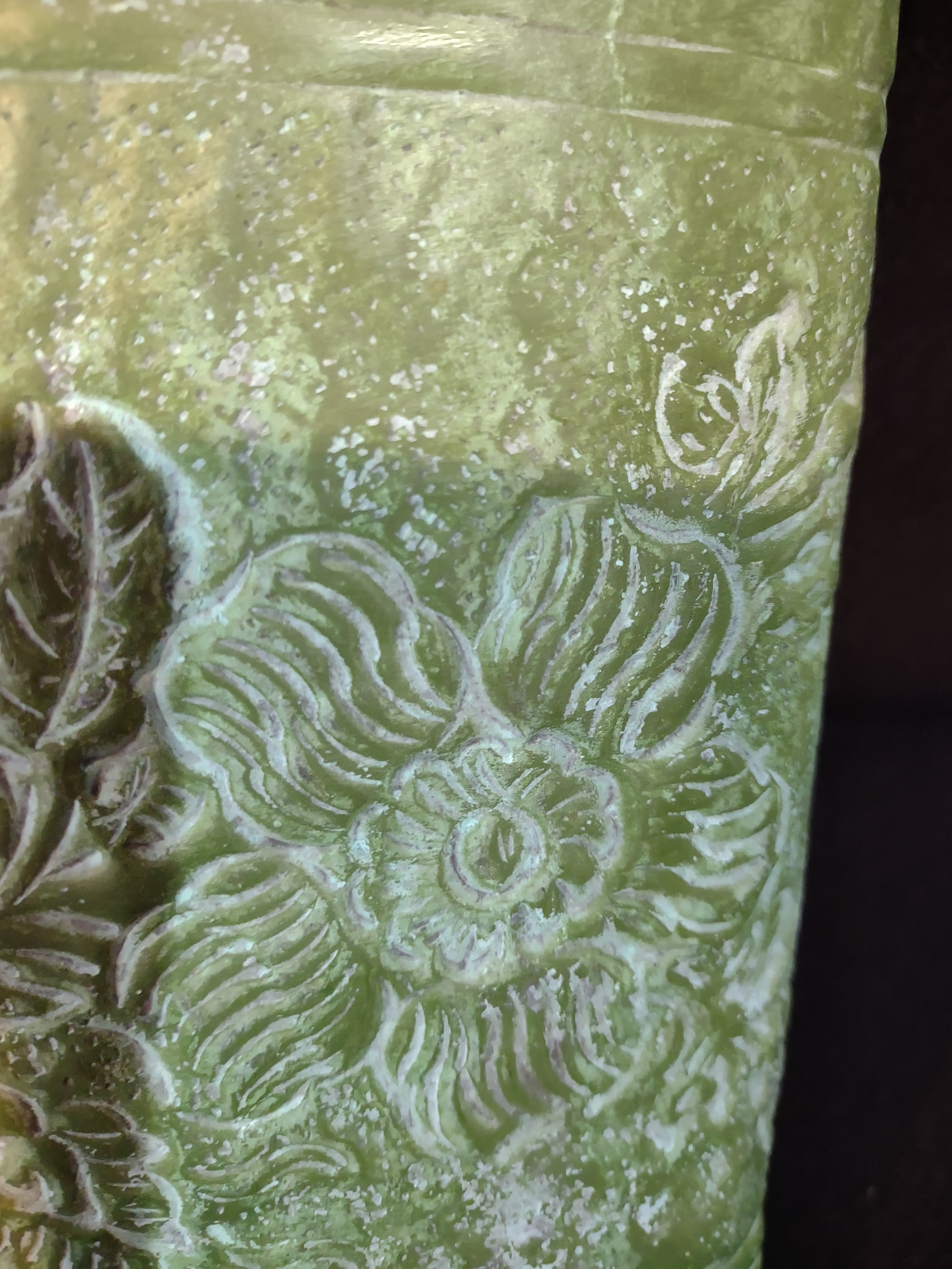 Vintage Rectangular Metal Planter Green Finish Embossed Floral India (Lot 5335)
