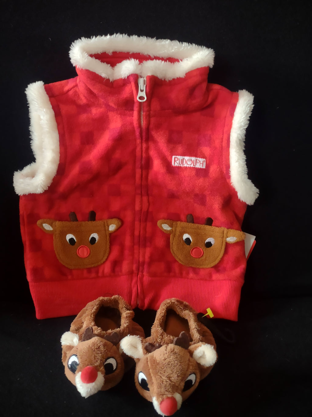 Infant Christmas Rudolph Fur Trimmed Zipper Vest Slippers 9 Month (Lot 4541)