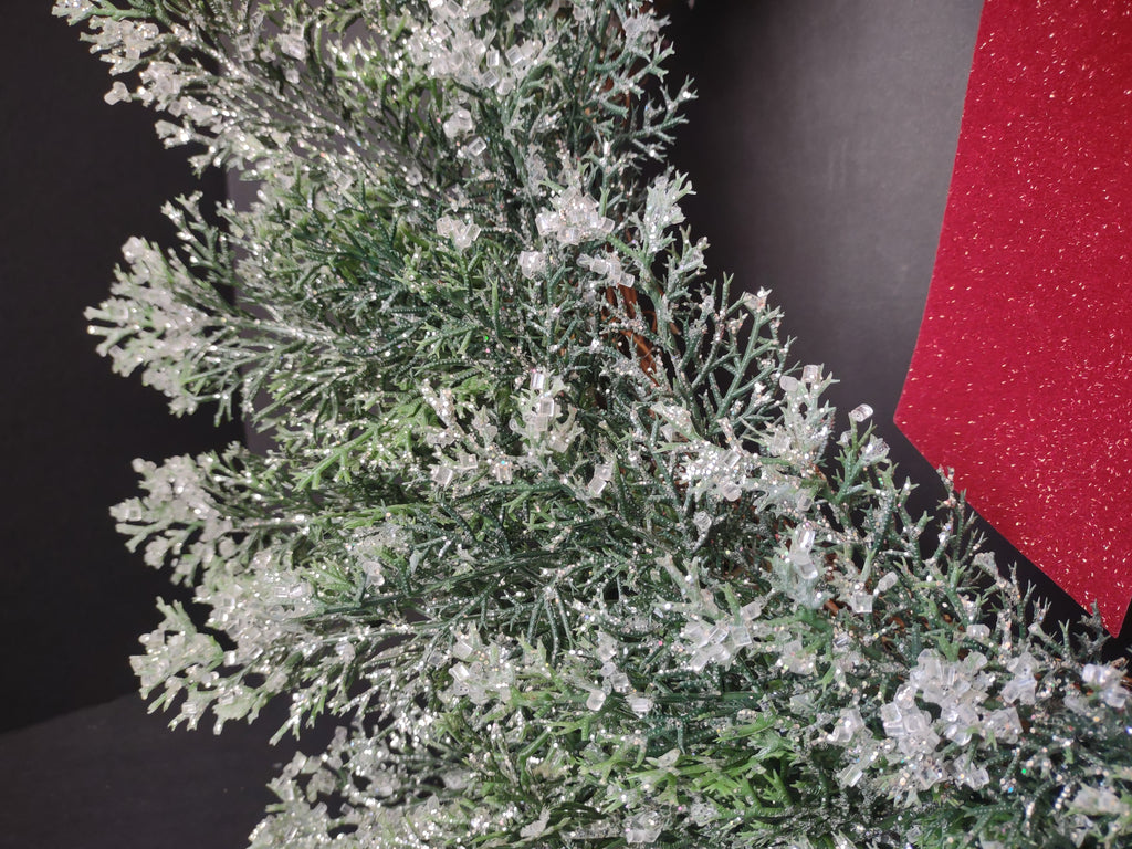 Vintage Christmas Iced Glitter Sparkly Front Door Wreath Red Bow 20" (lot 1176)