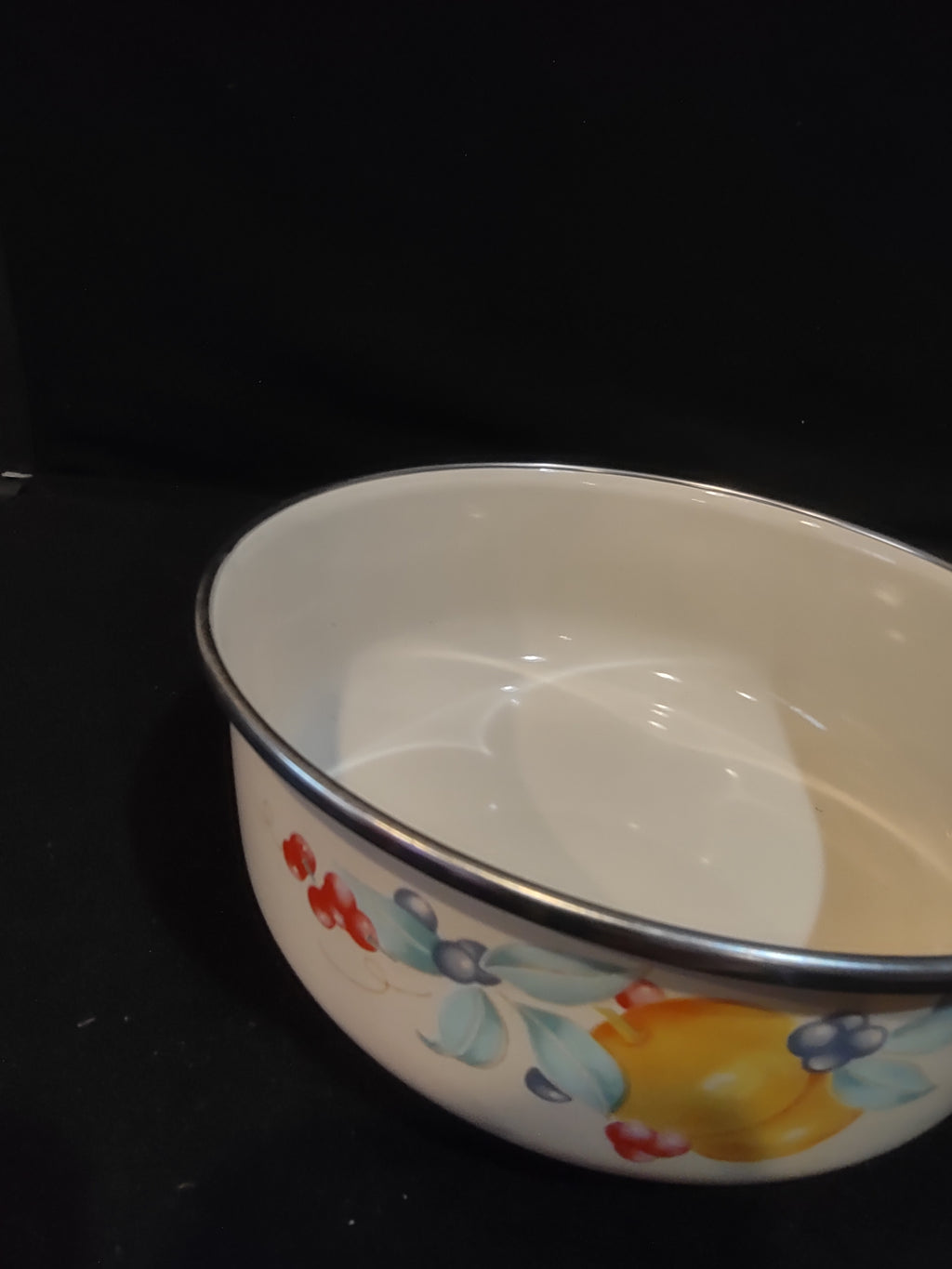 Vintage Enamel Metal 7" Mixing Bowl Abundance Fruit Berries (Lot 5354)