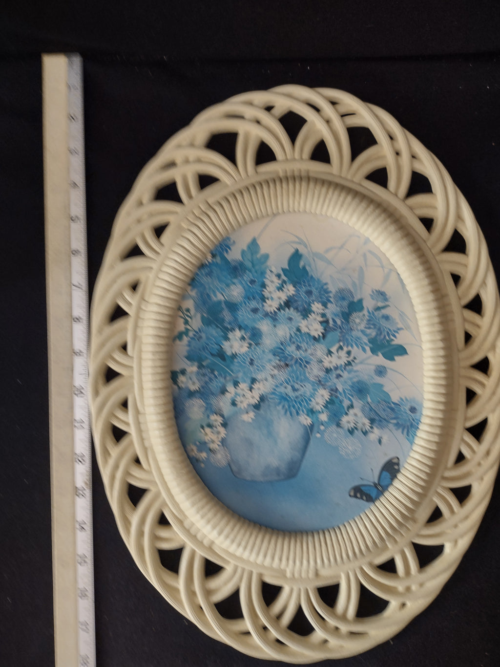 Vintage Burwood Faux Bamboo Blue Floral Pictures 17 X 12.5 Set Of 2 (Lot 3873)