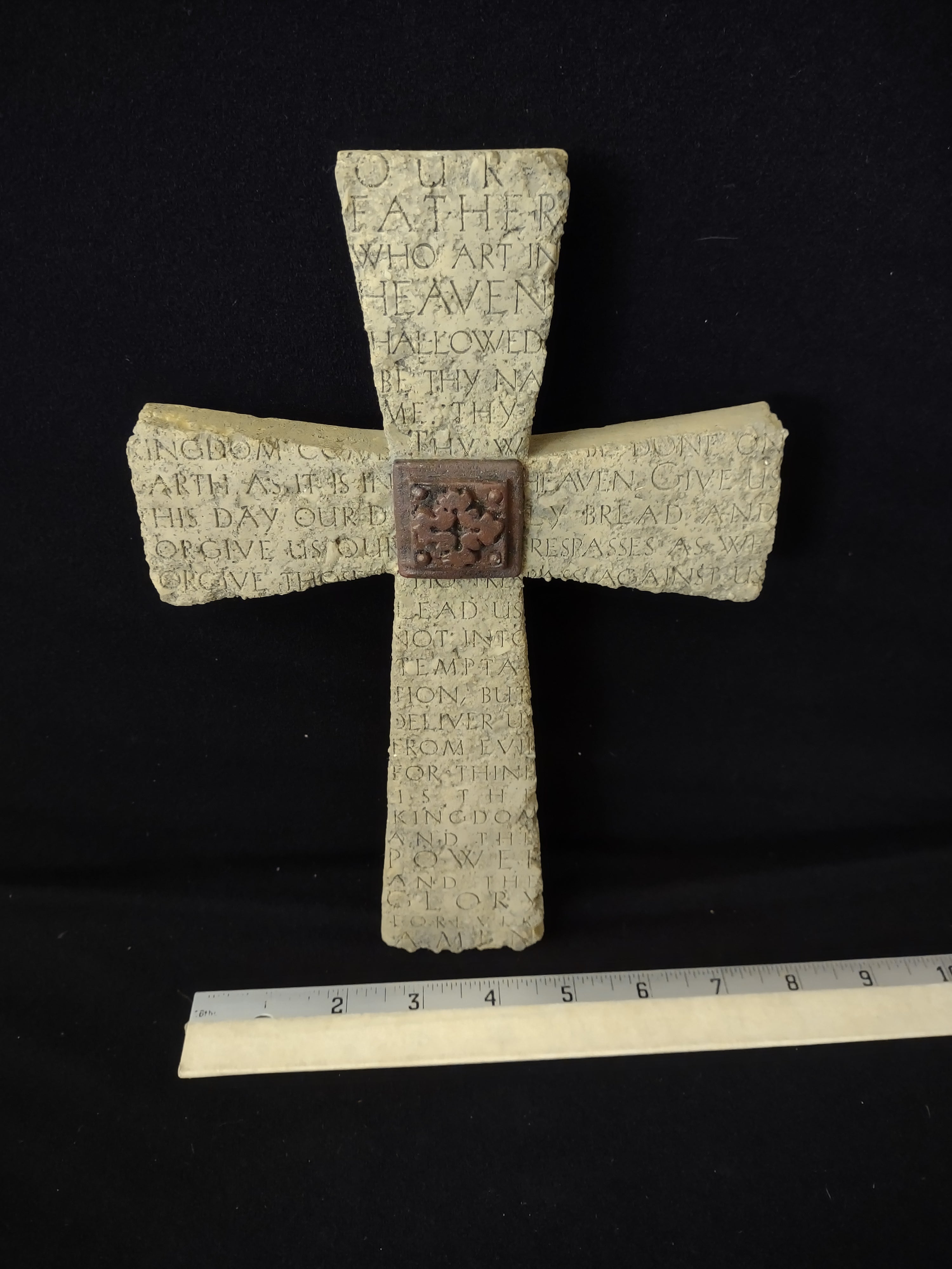 Vintage Lords Prayer Stone Like Resin Textured Cross (Lot 4051t)