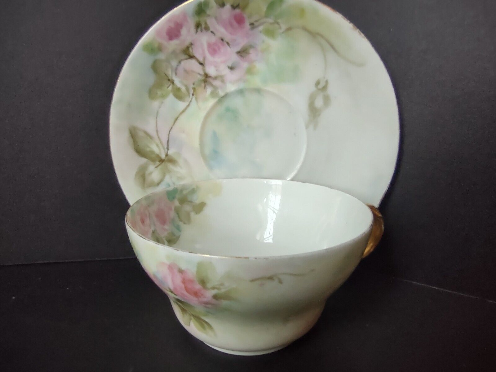 Haviland Limoges Gold Trim Pink Roses Teacup and Saucer IMPERFECT (lot 703)
