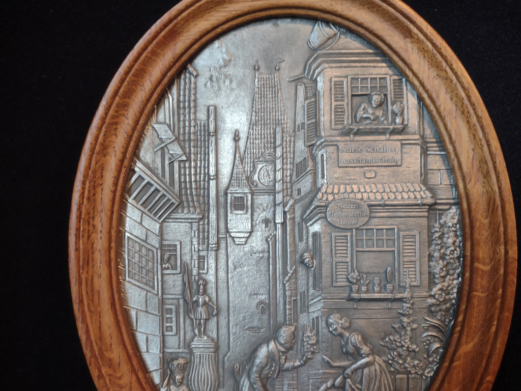 Vintage 3-D Scene German Town Frieling Zinn Pewter Wood Picture (lot 2658c)