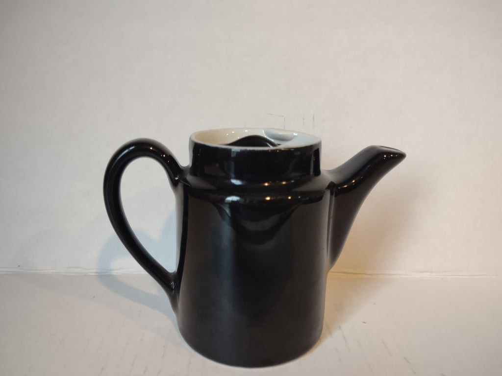 Vintage High Gloss Black Glaze White Lining Small Ceramic Teapot 4" (lot 5336)