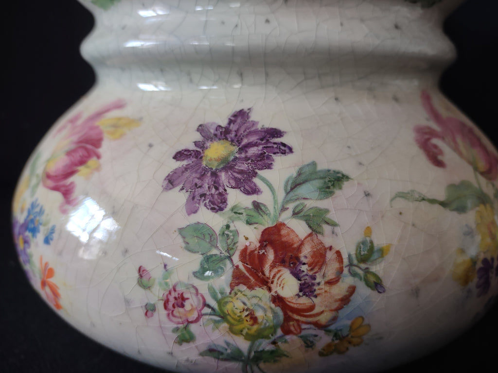 Vintage Floral Round Vase Heavy Crazing Aged Cottage (lot 5522)