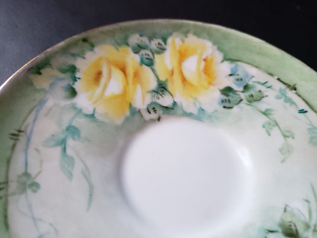 1870-1945 Vintage KPM Germany Teacup & Saucer Yellow Rose Green Design (lot 653)
