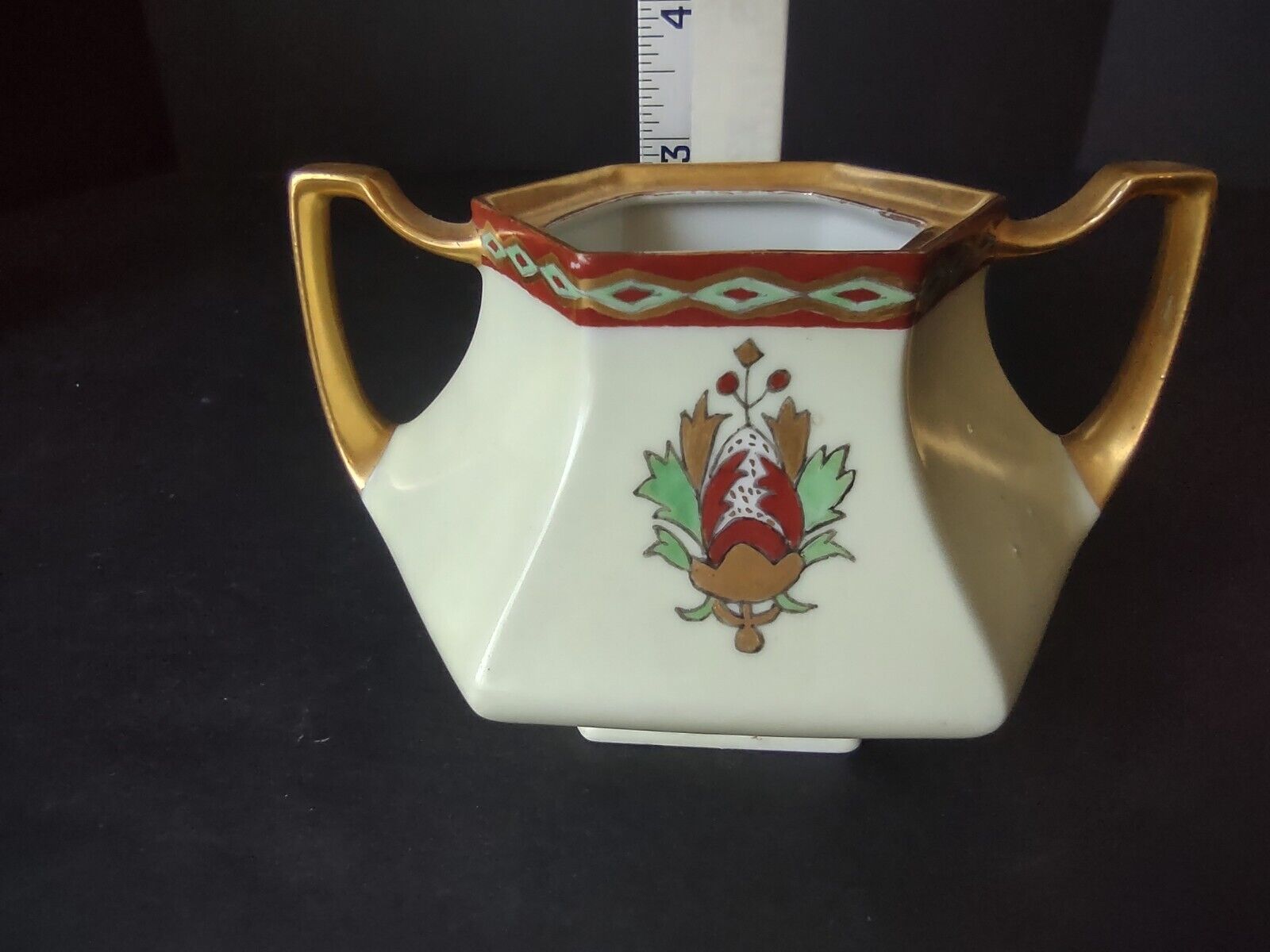 Limoges France Green Red Heavy Thick Gold Trim Sugar Dish Creamer Set (lot 712)