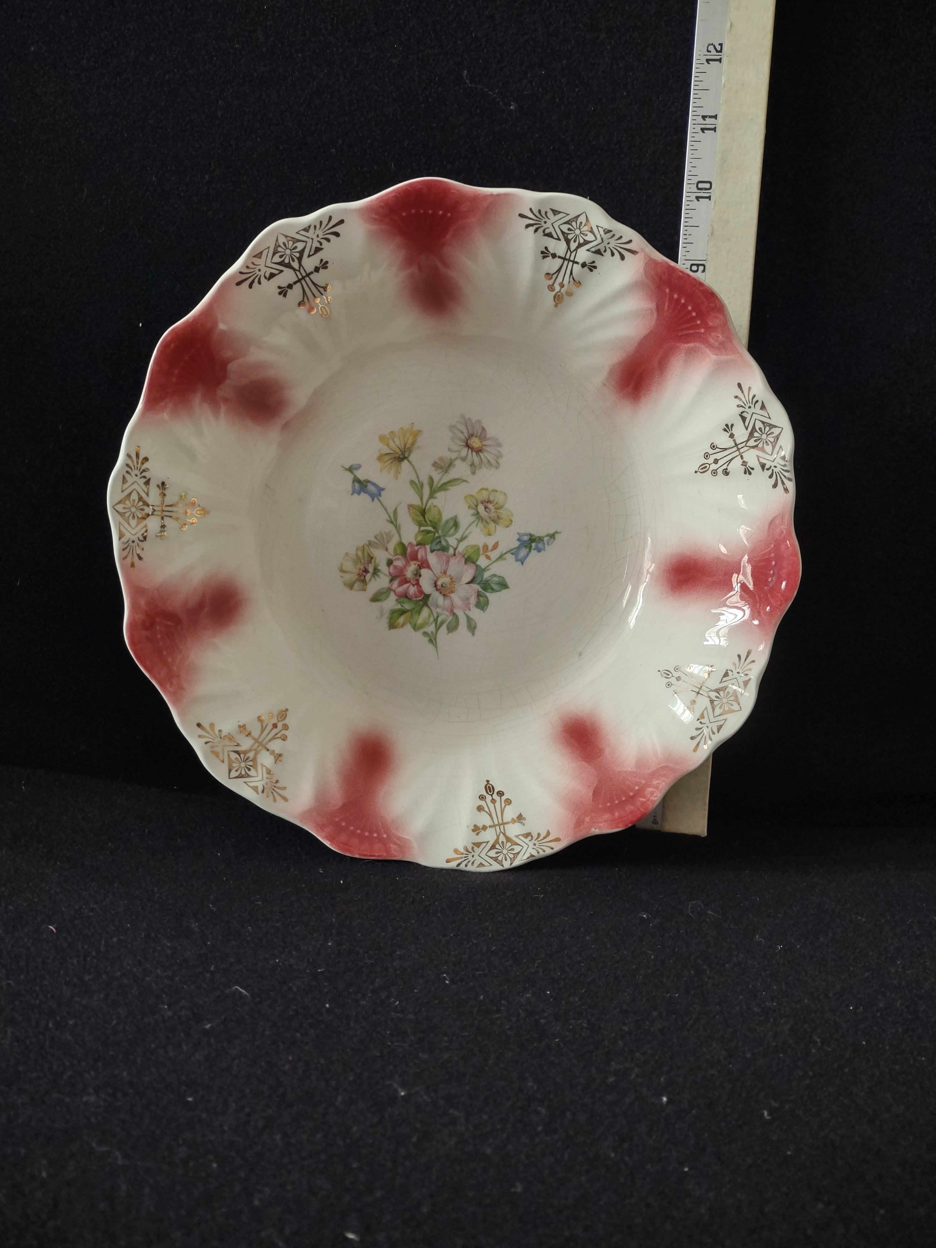 Vintage 9.5" Serving Bowl Scalloped Edge Gold Maroon Trim Floral (Lot 5045)