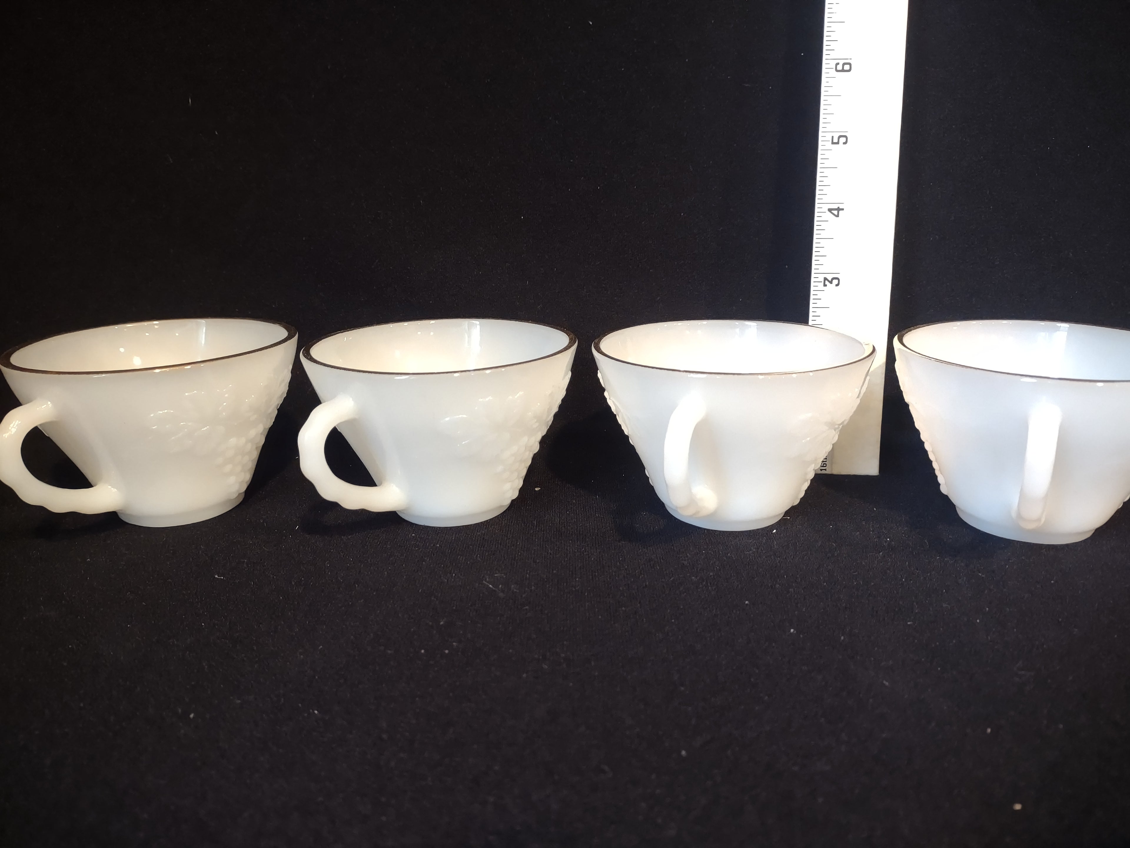 Anchor Hocking Milk Glass set of 7 Cups for Punch Bowl Gold Trim (lot 2566c)