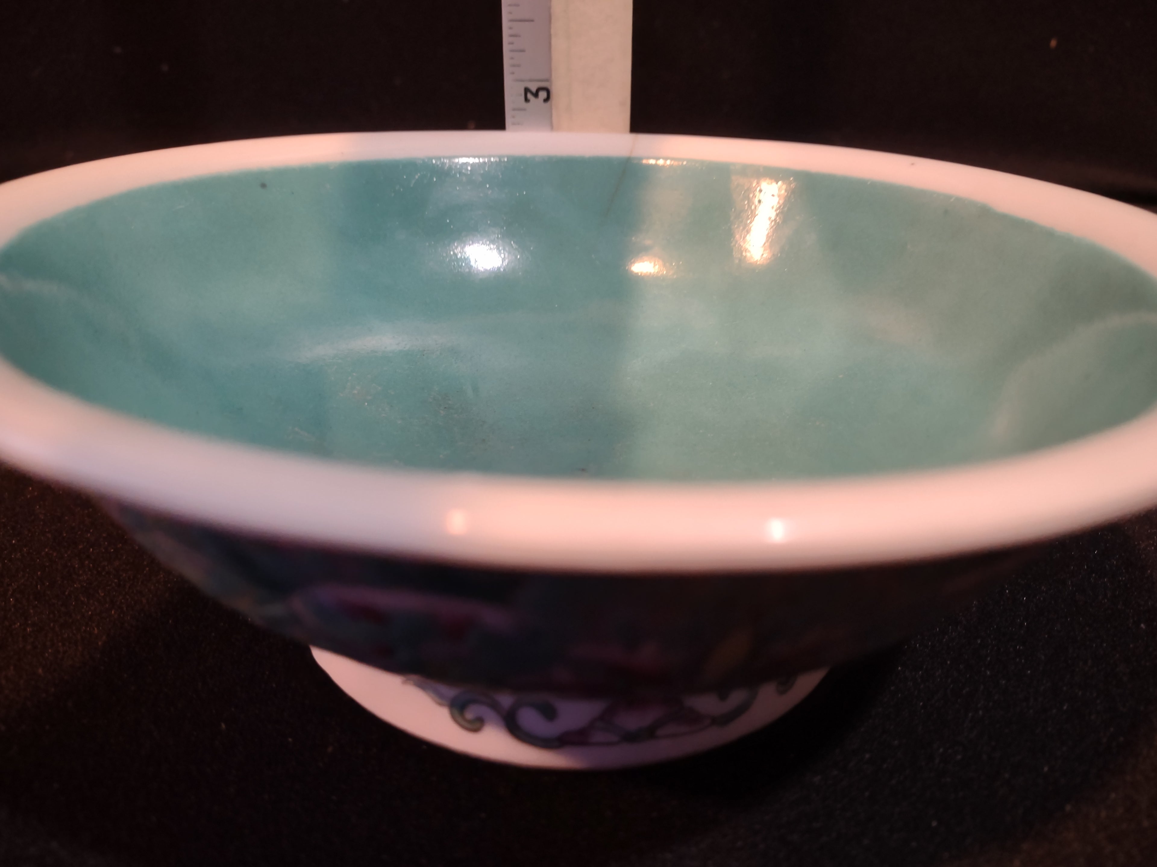 Vintage Ceramic Enameled Footed Bowl China Turquoise IMPERFECT (lot 5393)