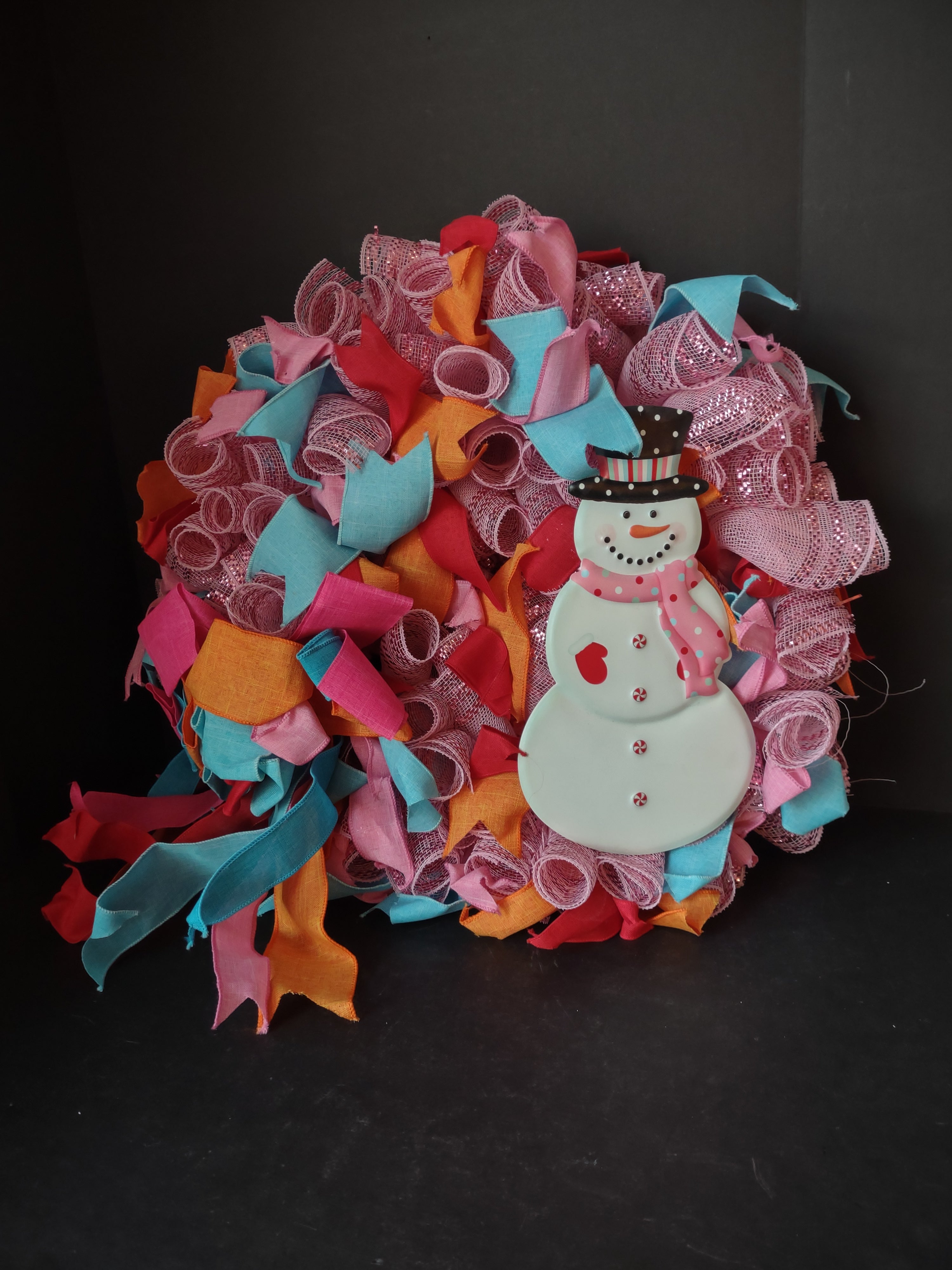 Handmade Christmas Wreath 24" Pink Orange Blue Ribbon Sparkly Snowman (lot 1291)