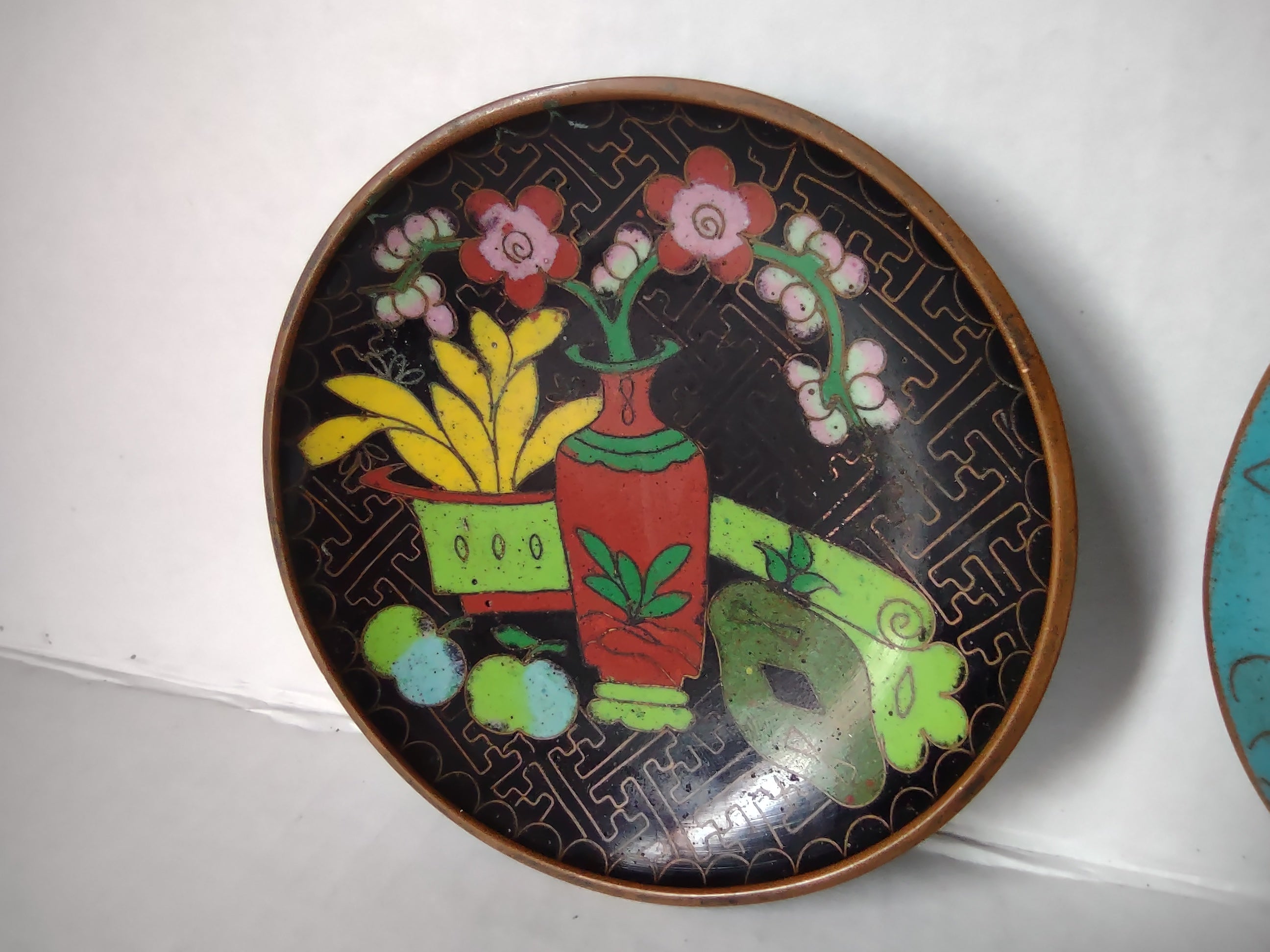 Vintage Set of 2 Chinese Metal Coaster Ashtray Dish Enameled (lot 5331)