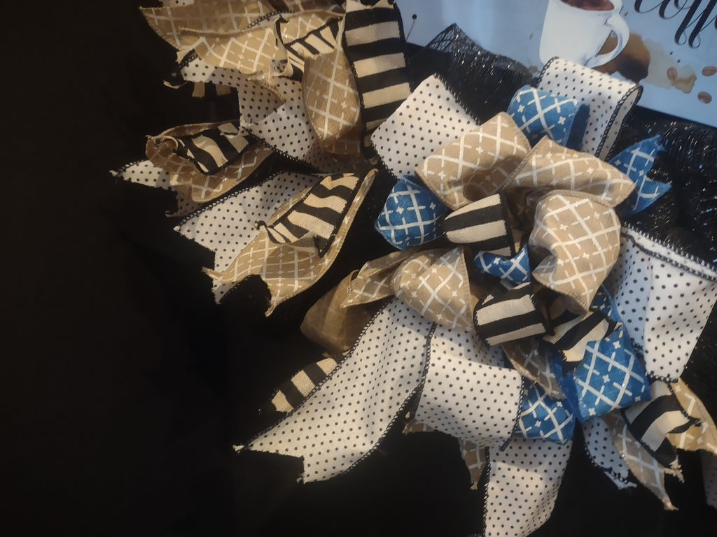 Good Morning Starts with Coffee Wreath Ribbon Mesh Decor Handmade (lot 1408)