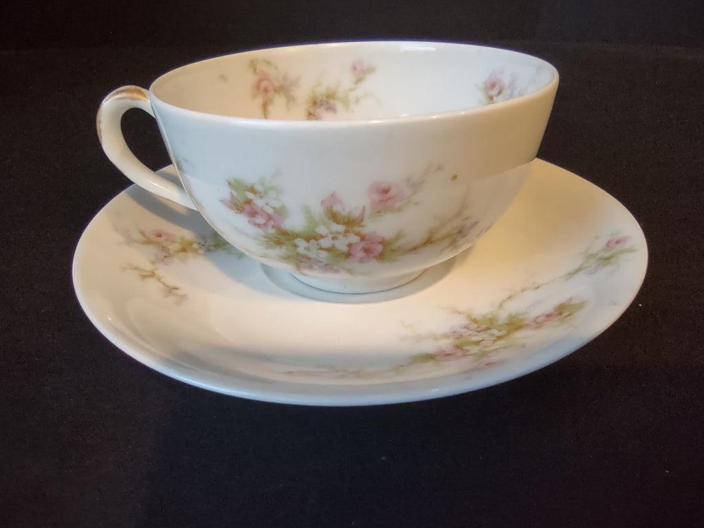 Haviland Limoges Tea Cup & Saucer Rose White Purple Flower Moss (lot 901)