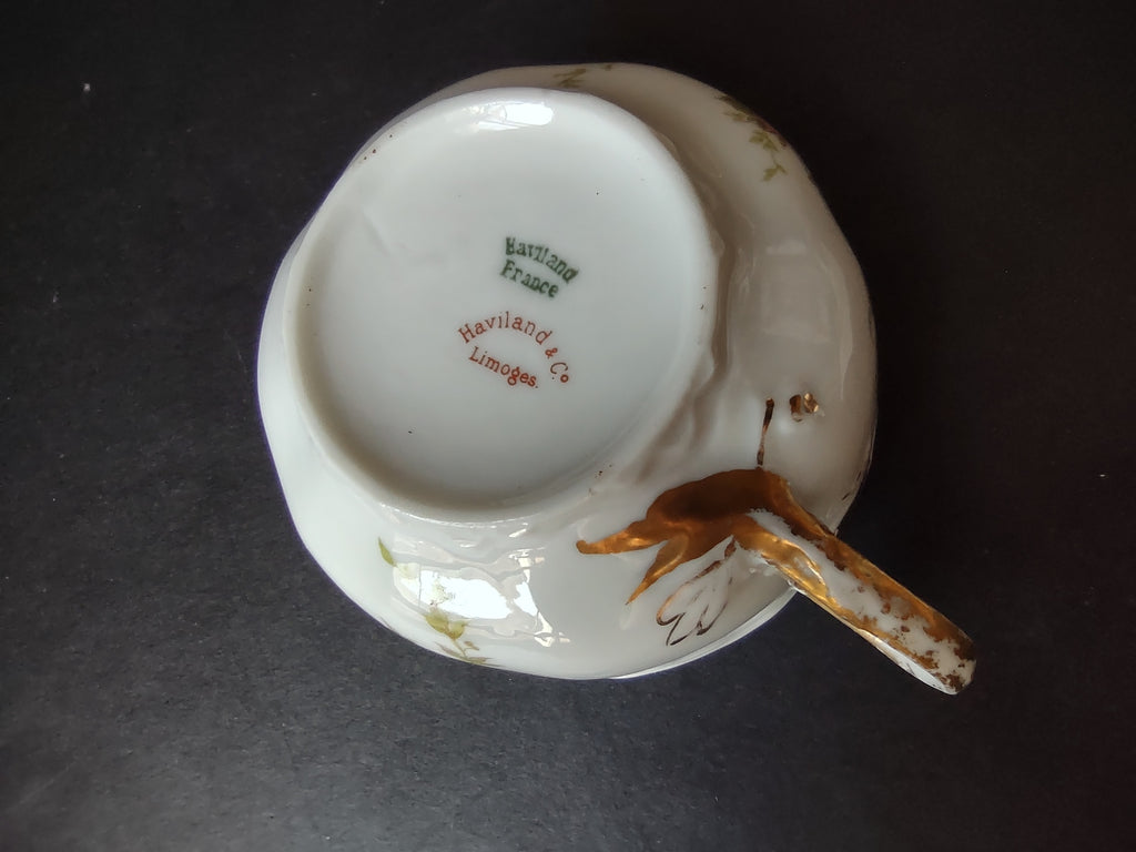 Haviland Limoges Tea Cup & Saucer White Scalloped Edge Rose Blue Ribbon (lot 858