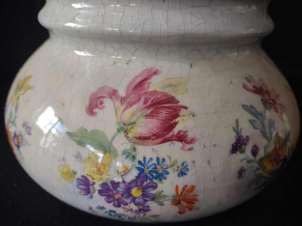 Vintage Floral Round Vase Heavy Crazing Aged Cottage (lot 5522)