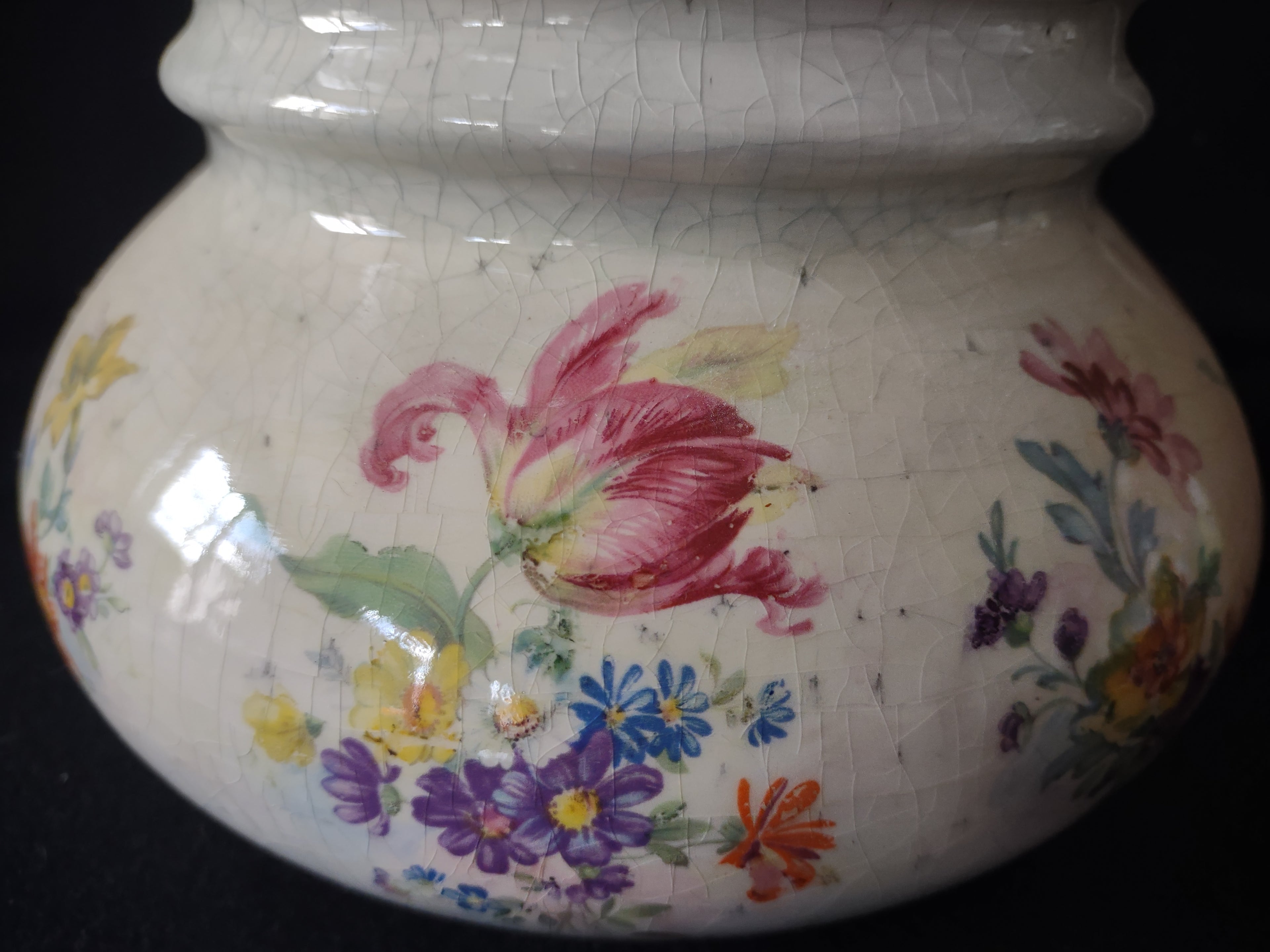 Vintage Floral Round Vase Heavy Crazing Aged Cottage (lot 5522)