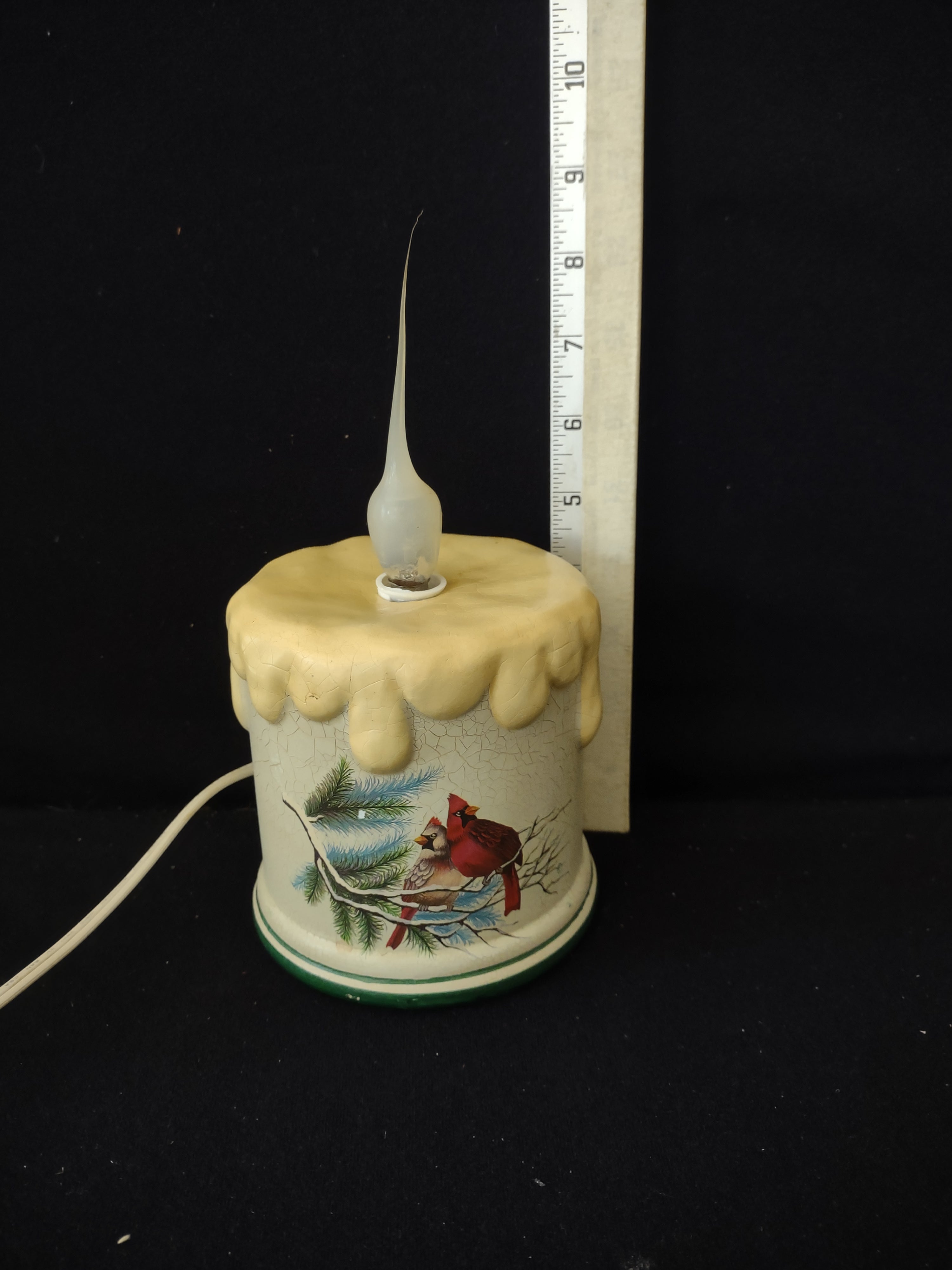 Vintage Christmas Winter Lighted Cardinal Pair Pine Ceramic Candle (Lot 3717)