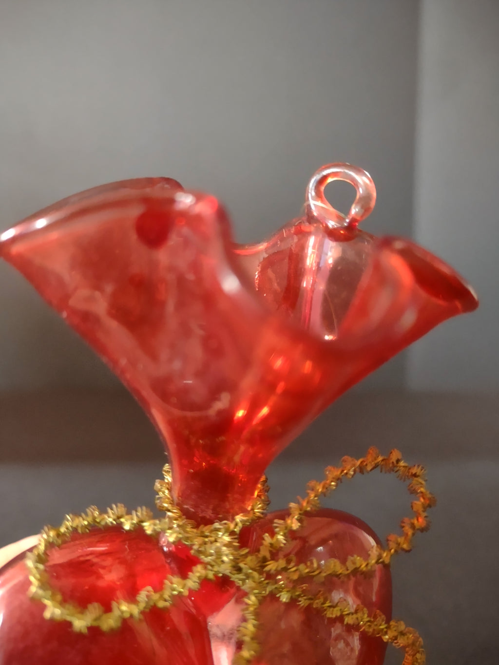 Vintage Valentine Translucent Red 3D Heart Pouch Ornament Glass (Lot 4747)
