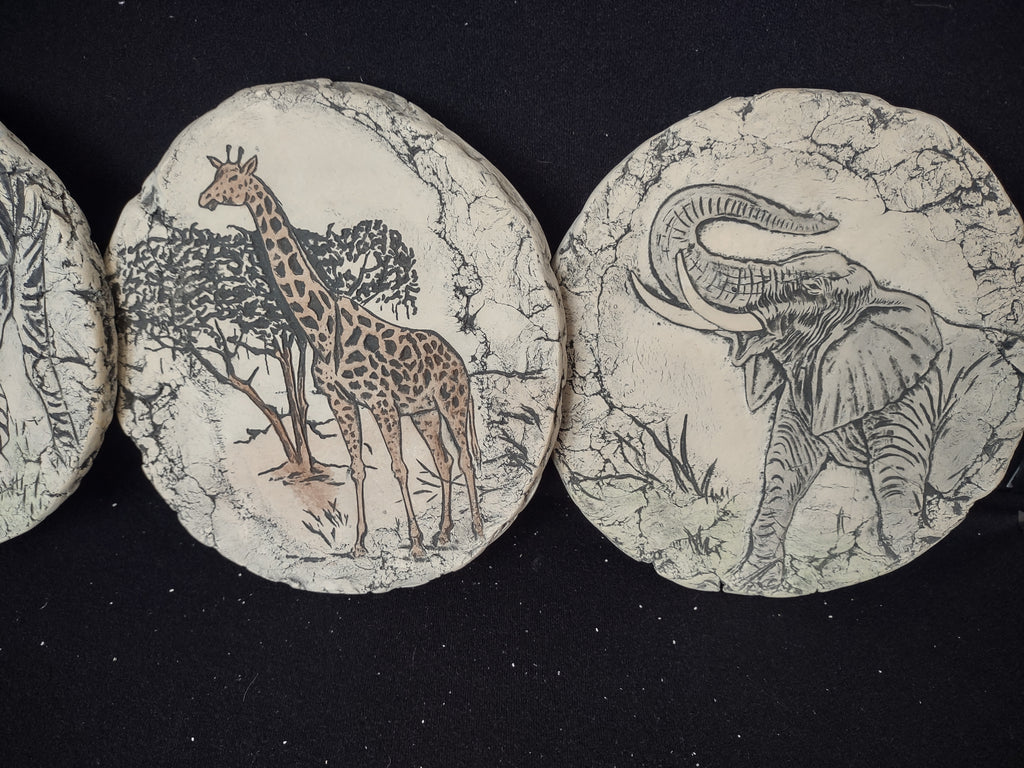Shapes of Clay Set of 3 Mount St. Helen's Ash Elephant Zebra Giraffe (lot 2373 )