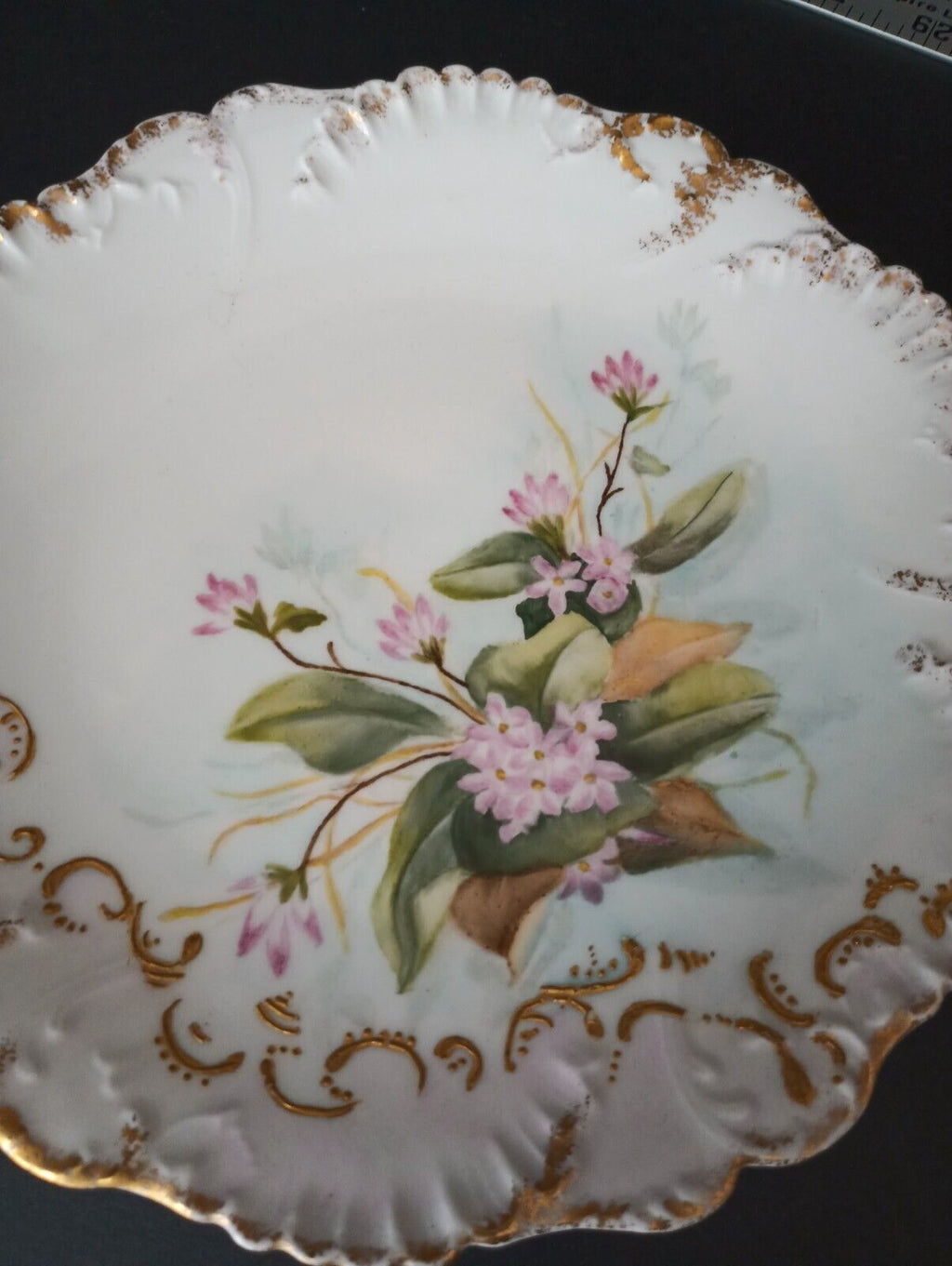 Limoges France JMC Plate Relief Molded Scrollwork Guild Gold Edge Pink (lot 366)
