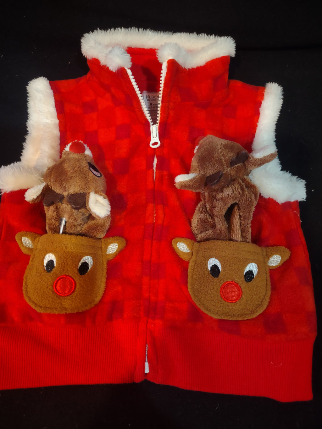 Infant Christmas Rudolph Fur Trimmed Zipper Vest Slippers 9 Month (Lot 4541)