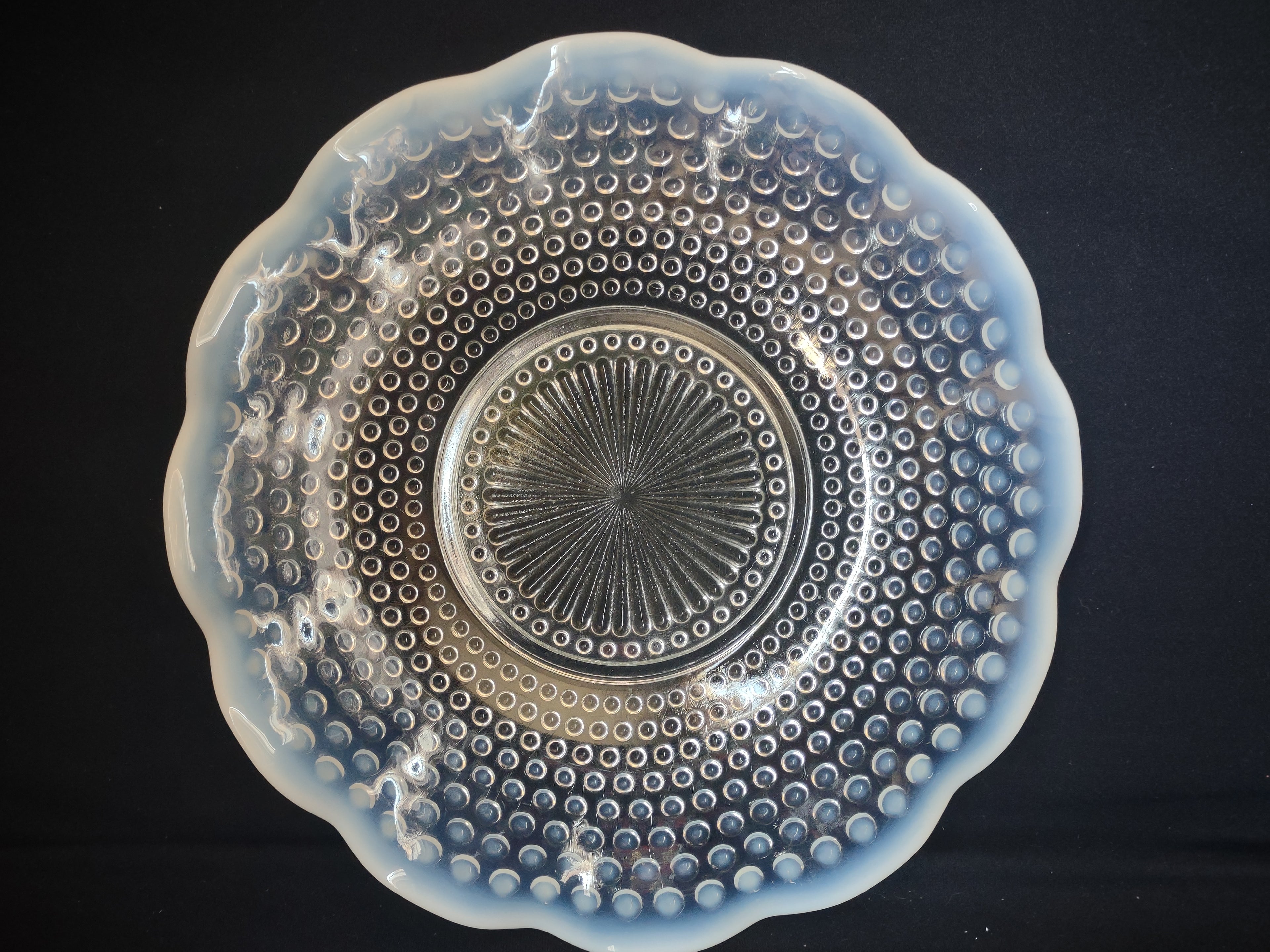 Vintage Anchor Hocking Moonstone Hobnail Ruffled Serving Plate 10-1/2" (lot 2687c)
