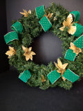 Christmas Wreath 20" Gold Poinsettia Green Ribbon Artificial (lot 1411)
