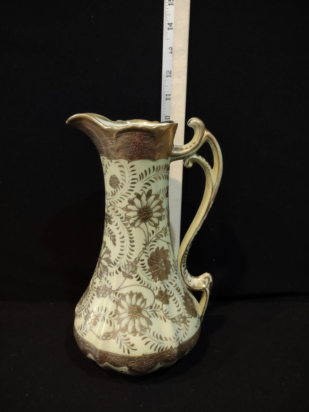 Vintage Ewer Pitcher Lime Golden Trim Floral Design Ornate Handle (Lot 5229)