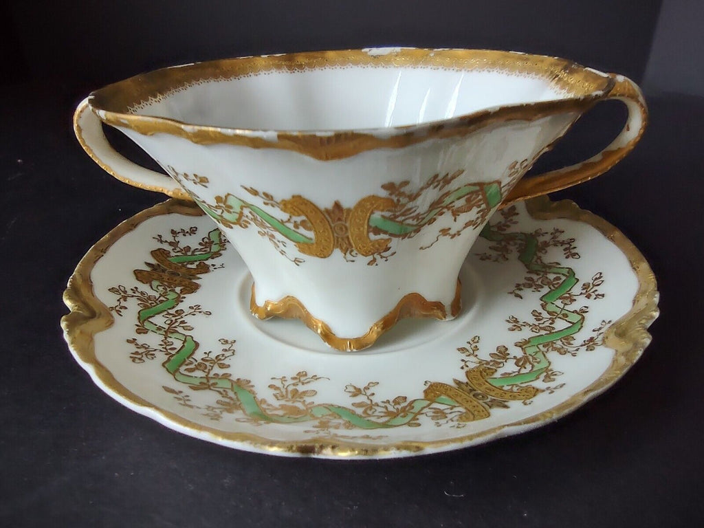 Haviland Limoges Green Heavy Gold Trim Bouillon Cup & Saucer IMPERFECT (lot 706)