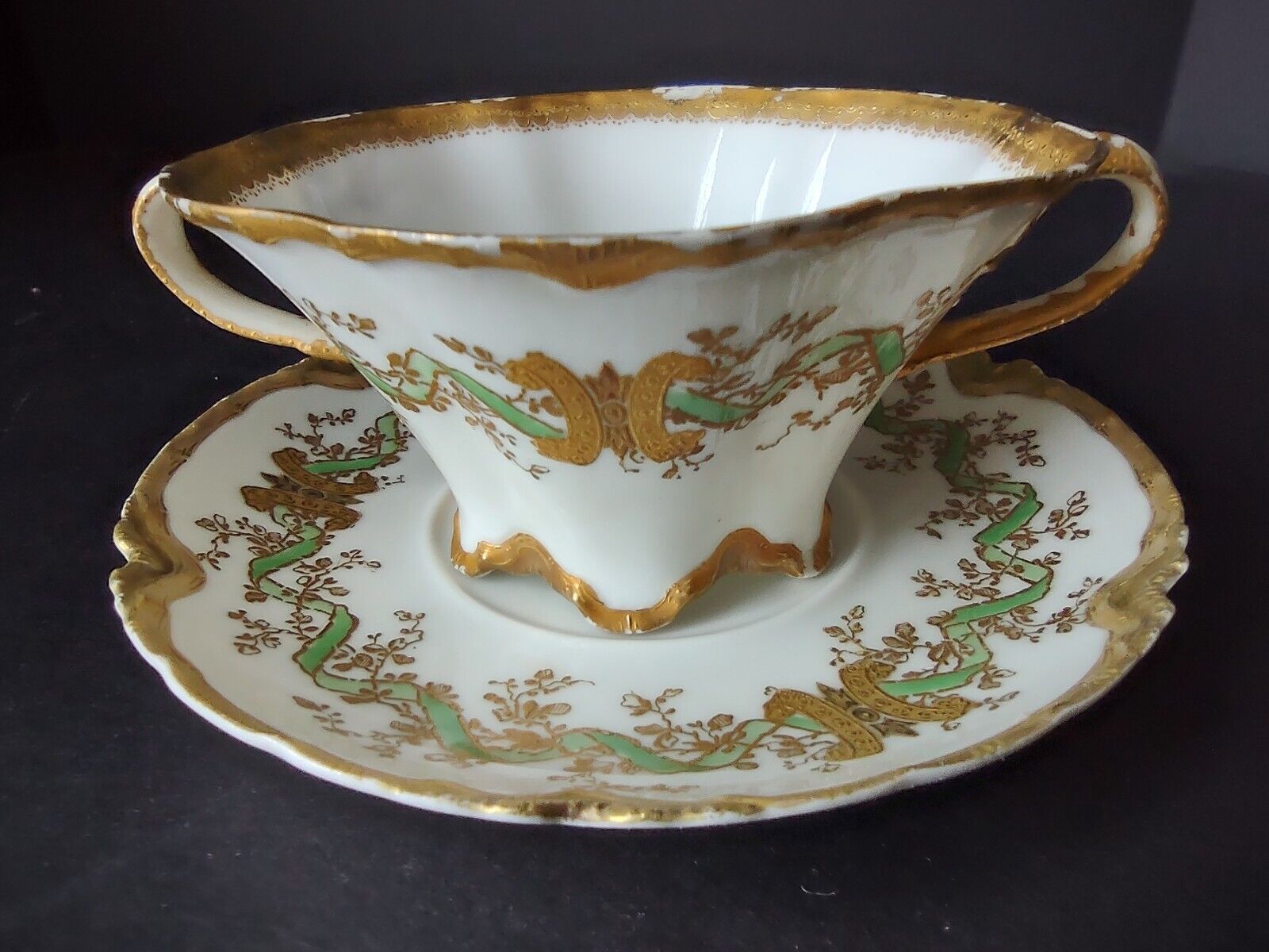 Haviland Limoges Green Heavy Gold Trim Bouillon Cup & Saucer IMPERFECT (lot 706)