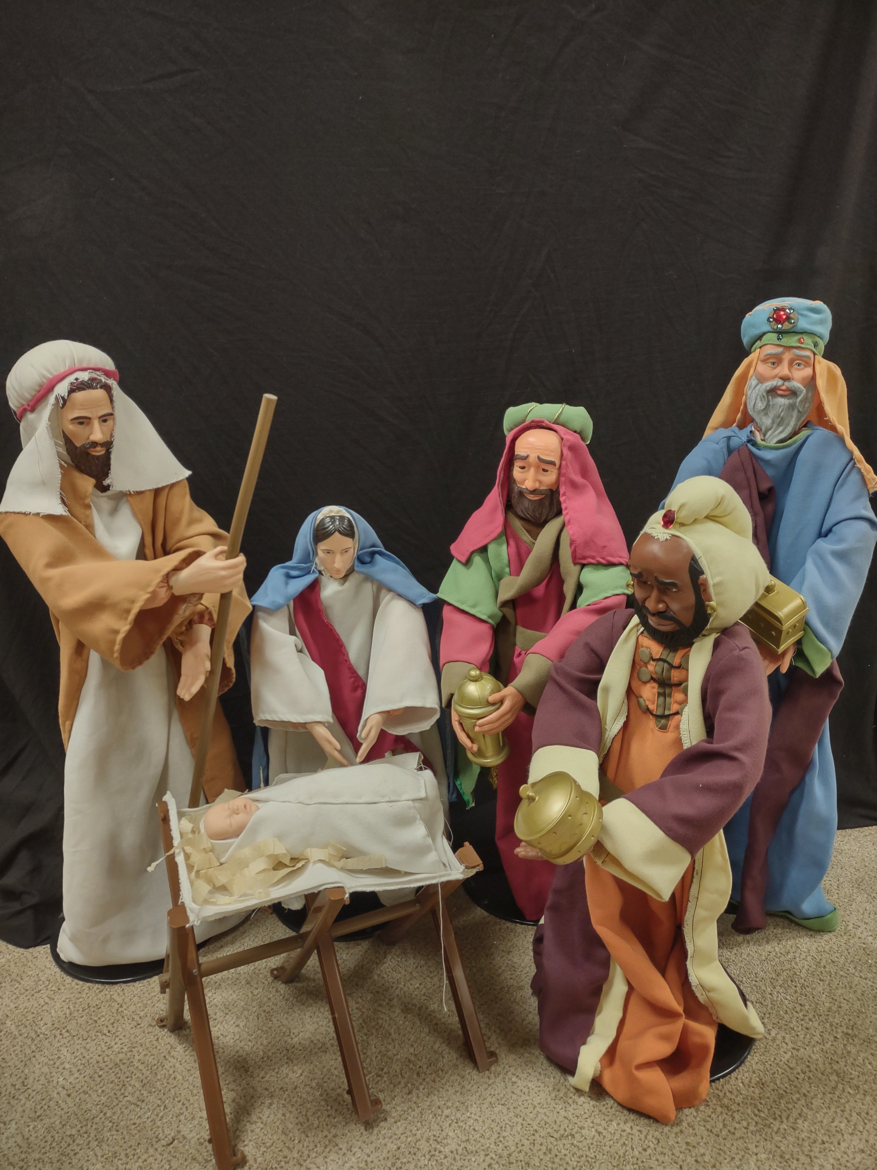 Vintage Christmas Nativity Set Cloth Mary Joseph Wise Men Baby 30" (Lot 1300)
