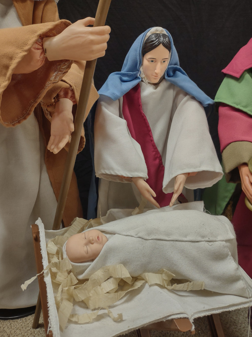 Vintage Christmas Nativity Set Cloth Mary Joseph Wise Men Baby 30" (Lot 1300)