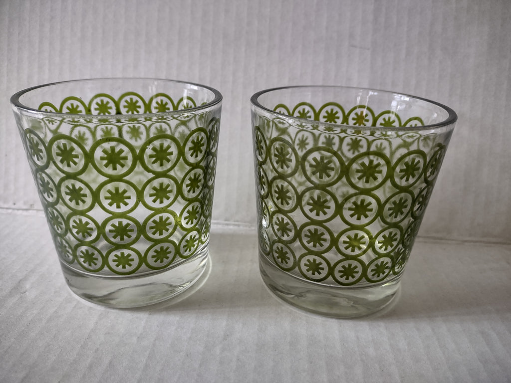 Vintage Retro MCM Atomic Starburst Asterisk Green Drinking Glass x 2 (lot 5166)