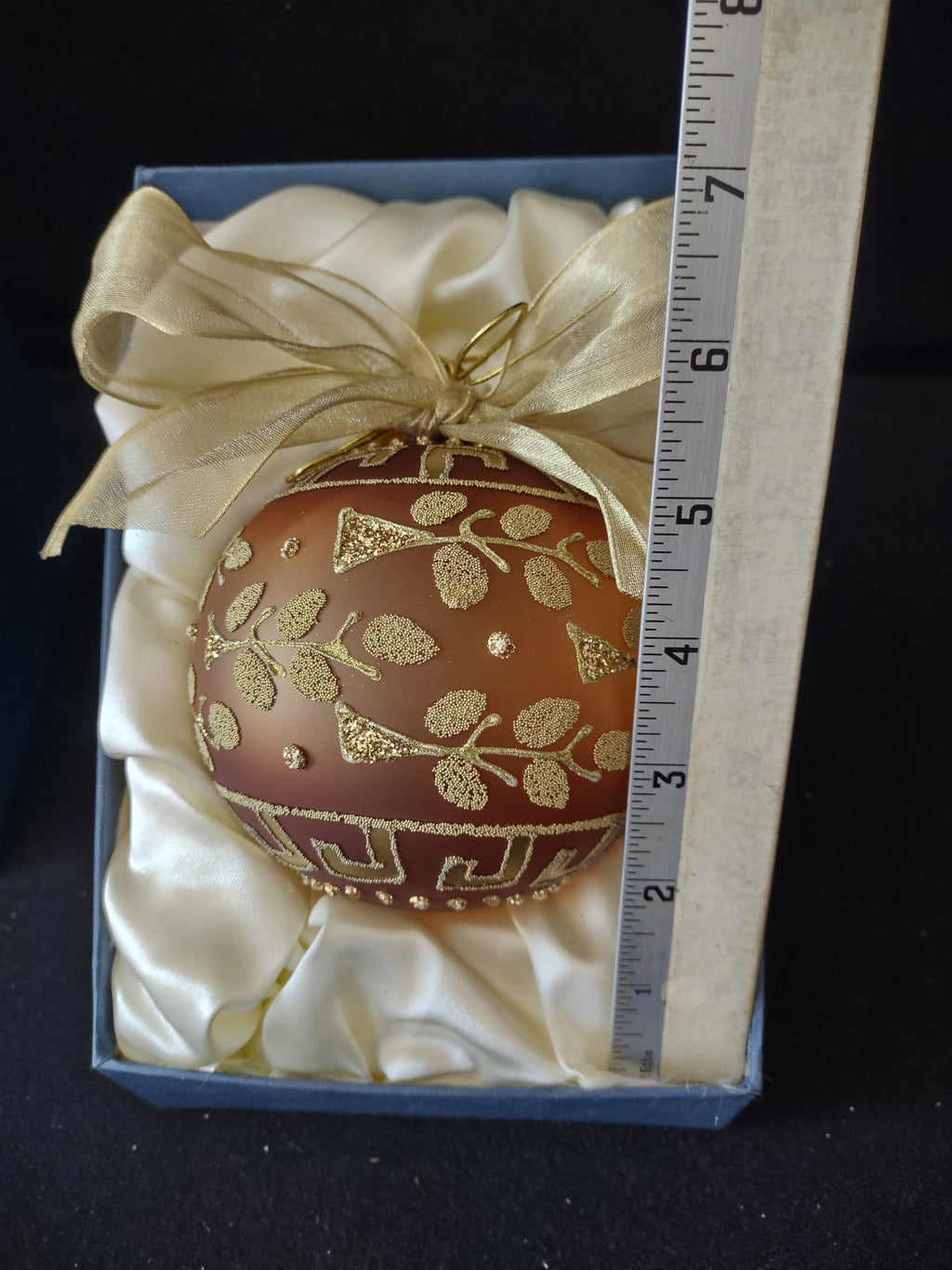 Vintage Christmas Gold Trim Brown Glass Ornament Deco Globe Gift Box (Lot 3831)