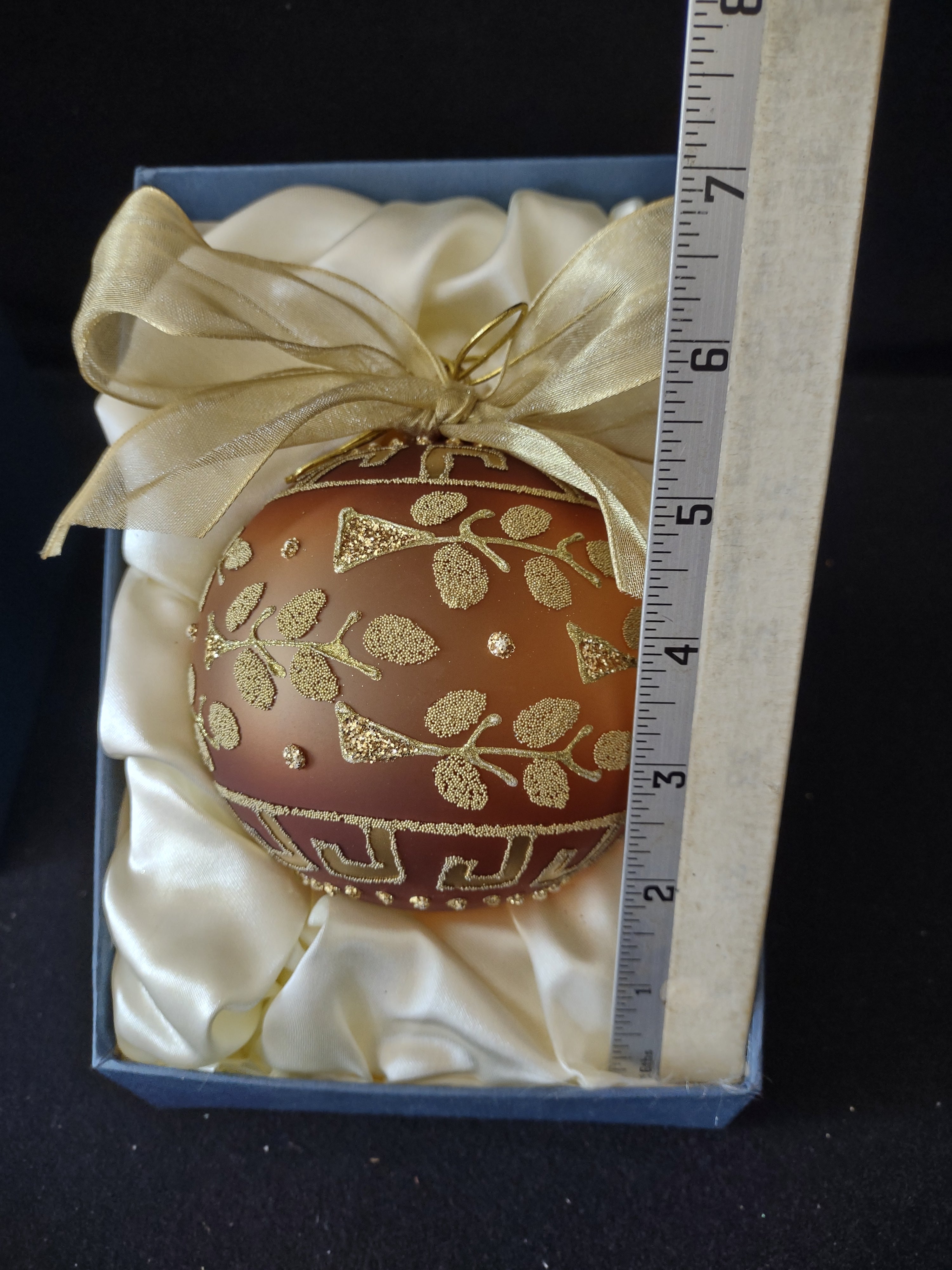Vintage Christmas Gold Trim Brown Glass Ornament Deco Globe Gift Box (Lot 3831)
