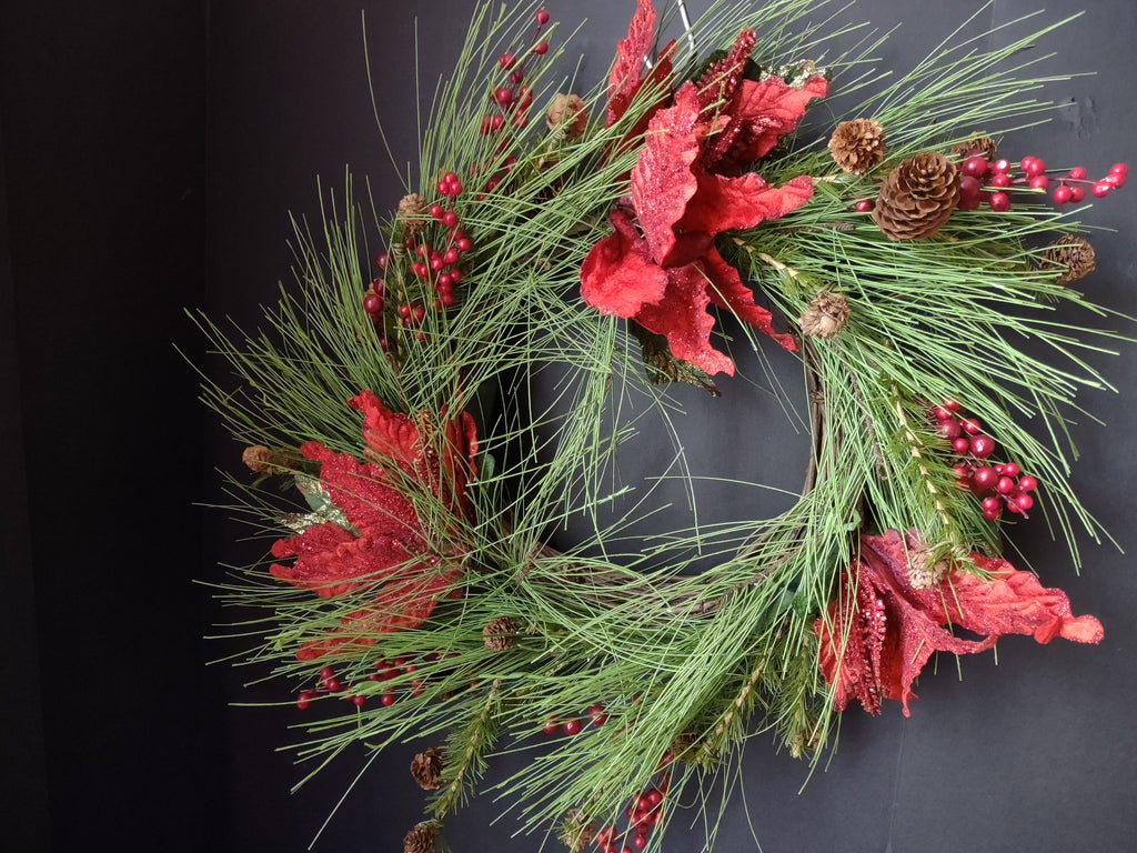 Vintage Christmas Artificial Pinecone Pine Poinsettia Wreath 20" (lot 3330)