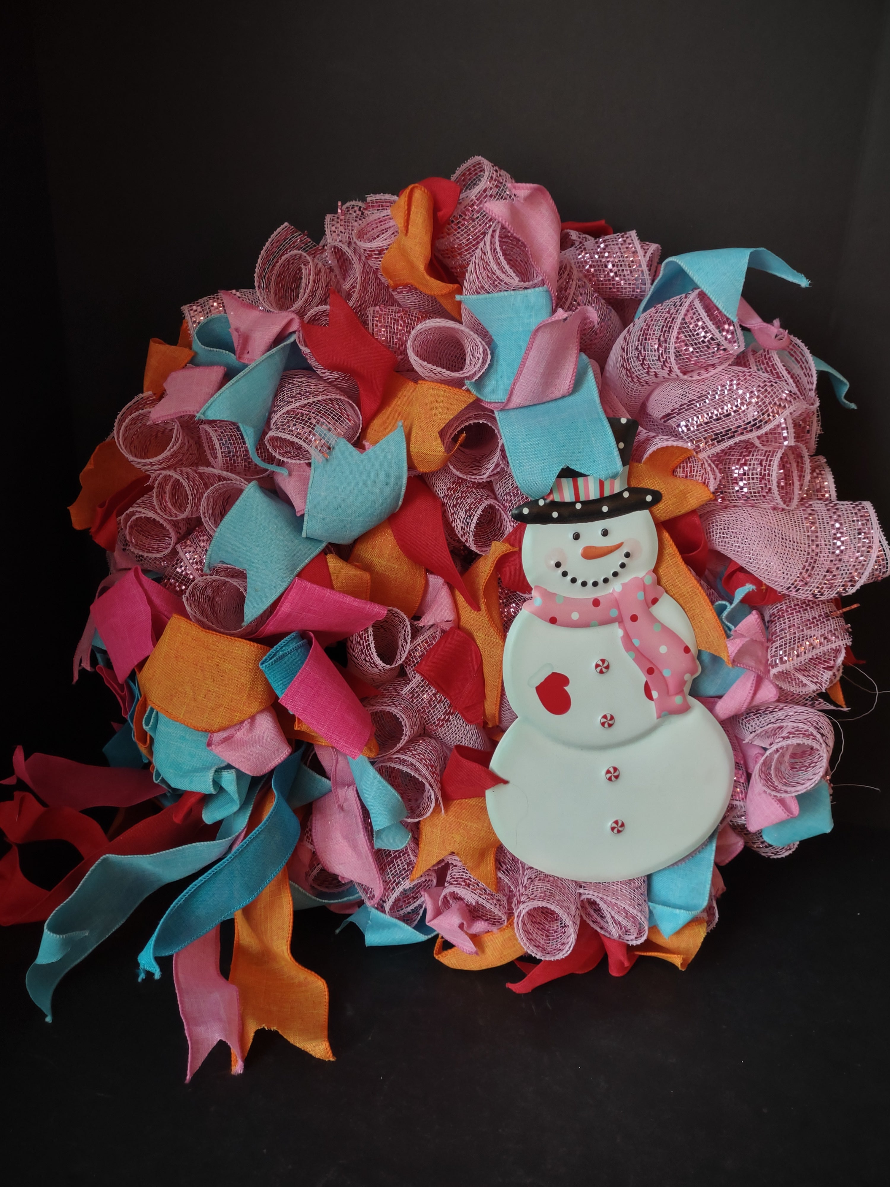 Handmade Christmas Wreath 24" Pink Orange Blue Ribbon Sparkly Snowman (lot 1291)