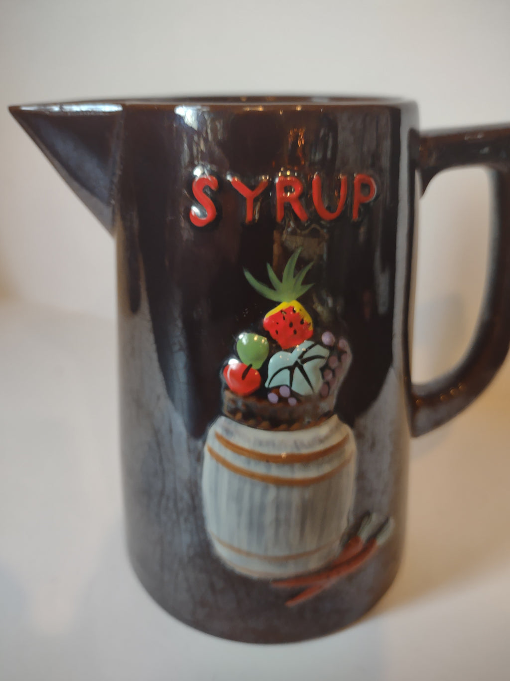 Vintage Redware Syrup Pitcher x 2 Rooster Vegetables (lot 2994c)