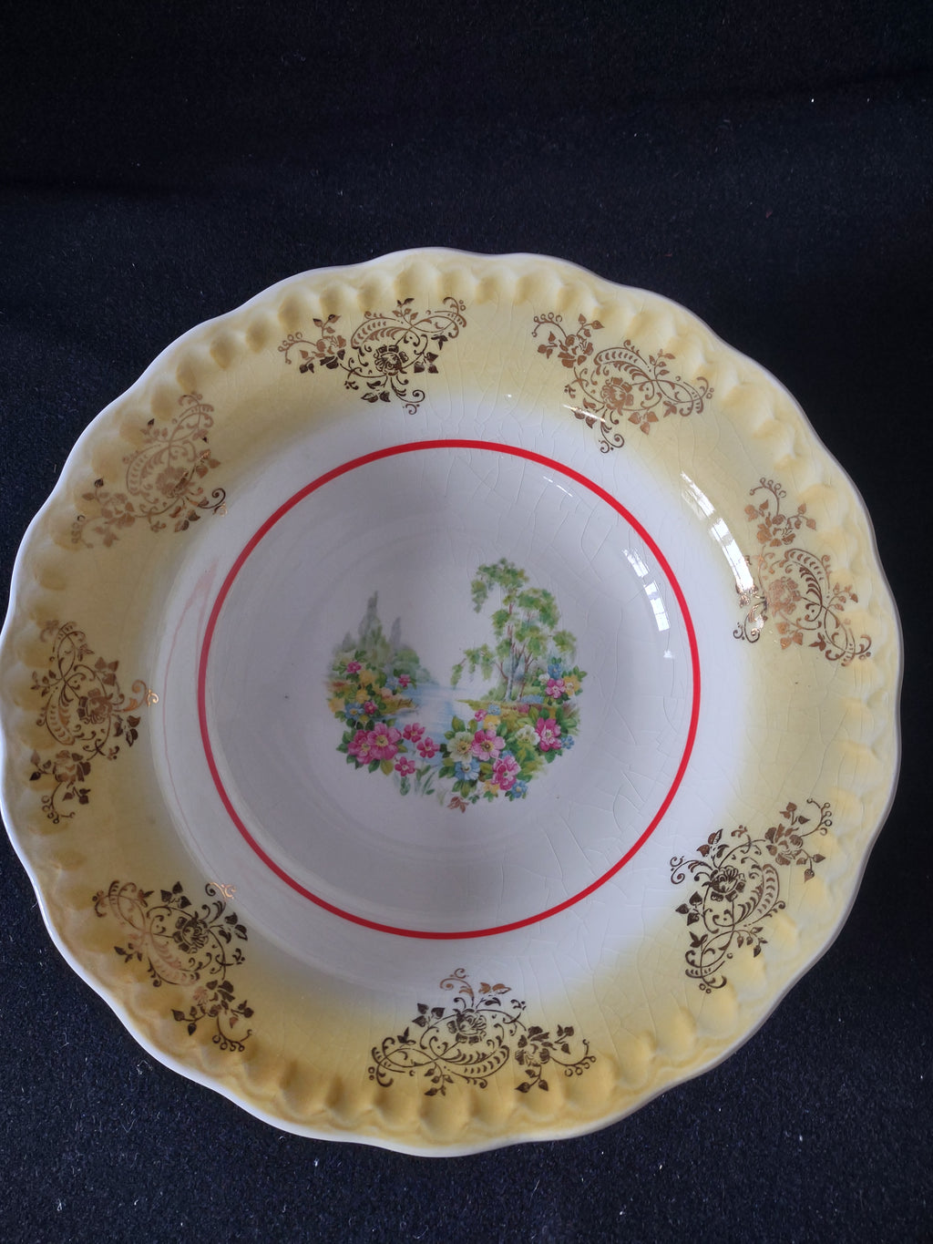 Vintage 9.5" Serving Bowl x 3 Green Yellow Blue Gold Trim Floral (Lot 5043)